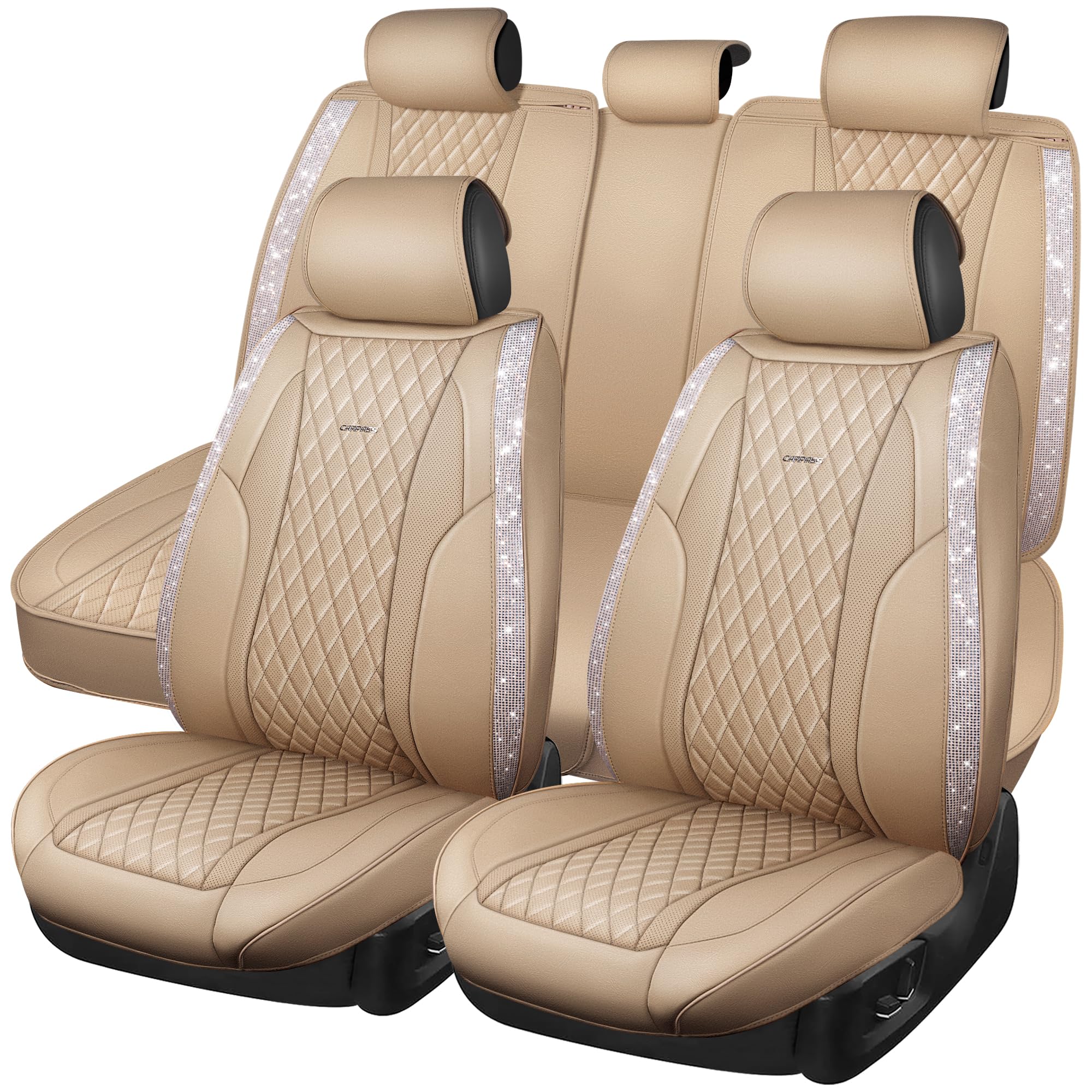 CAR PASS Bling Diamond Beige Steering Wheel Cover - Sparkly Rhinestone & PU Leather, Universal Fit 14.5-15 Inch