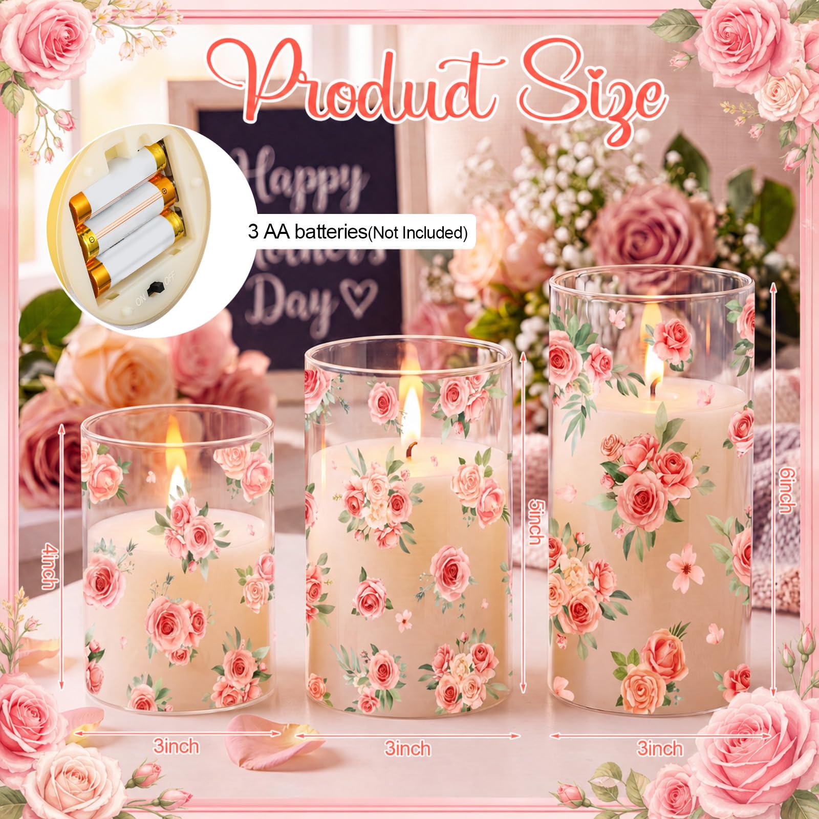 Blosssound Confezione da 3 candele senza fiamma a forma di rosa, senza fiamma, senza fiamma, LED per casa, camino, rosa, matrimonio, primavera, estate, decorazione per la casa, con timer