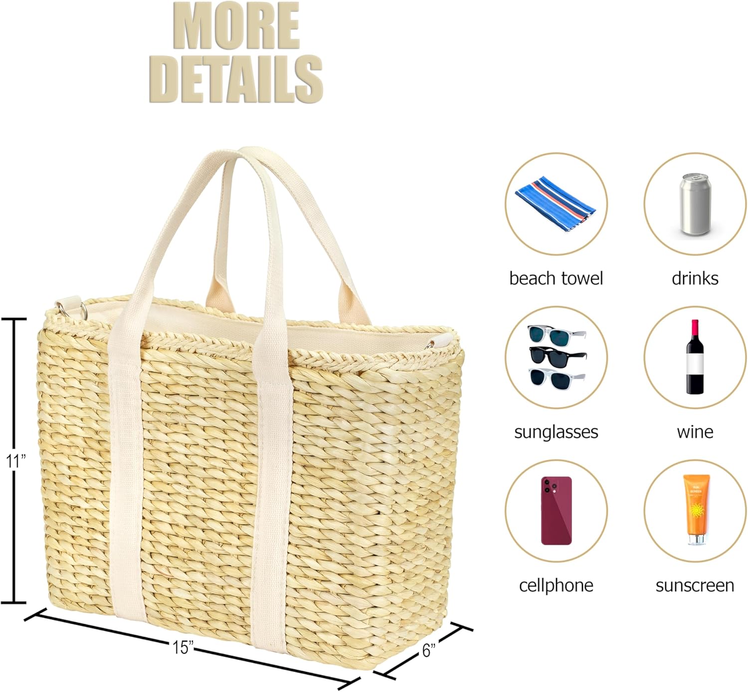 Insulated Beach Cooler Bag, Leak Proof, Premium Quality Corn Husk, Beach Bag, Pool Bag, Tote Bag, Straw, Rattan, Gifts for Women, Picnic Basket, Wedding Gifts, Lunch - Image 6
