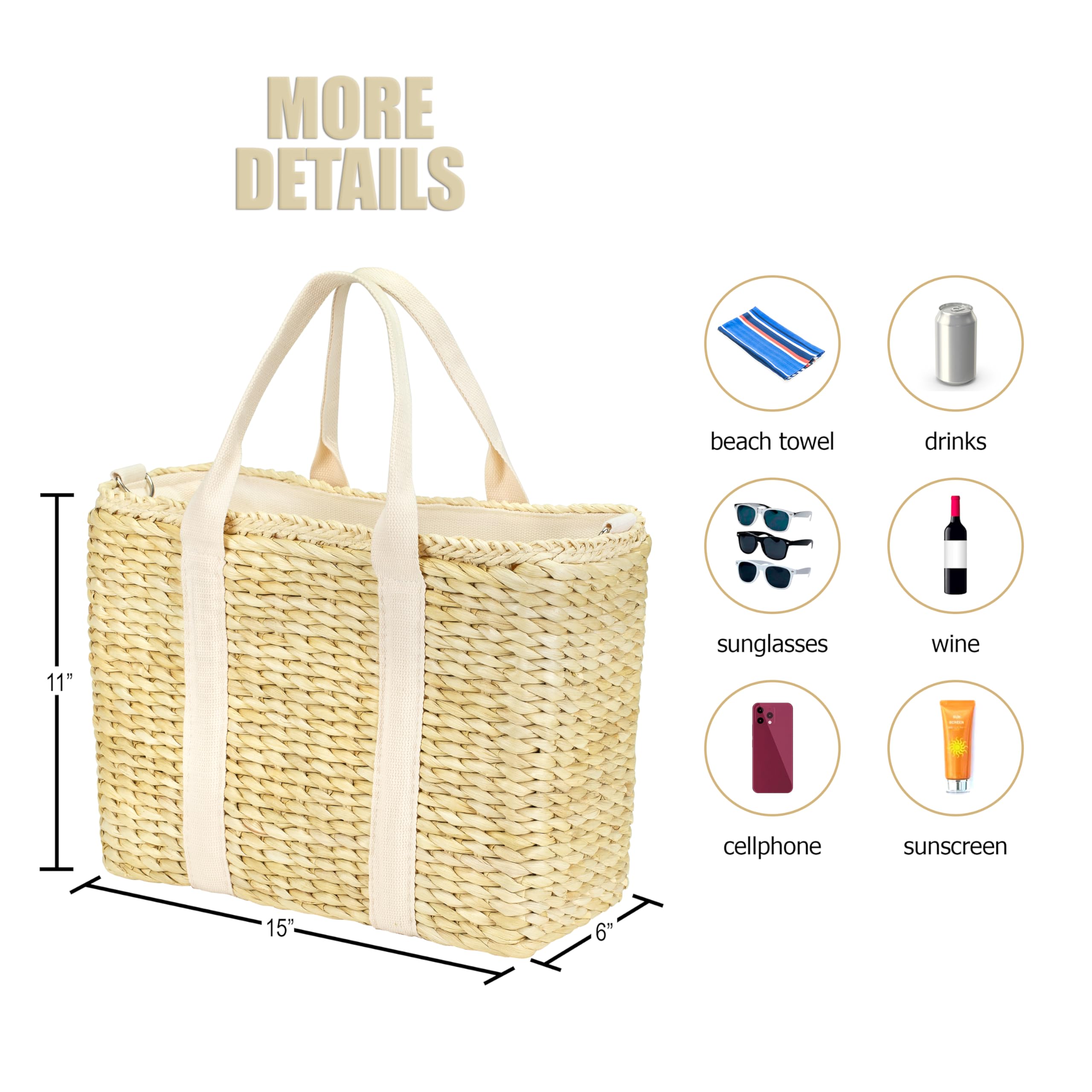 Isolierte Strand-Kühltasche, auslaufsicher, Premium-Qualität, Maisschalen, Strandtasche, Pooltasche, Tragetasche, Stroh, Rattan, Geschenke für Frauen, Picknickkorb, Hochzeitsgeschenke