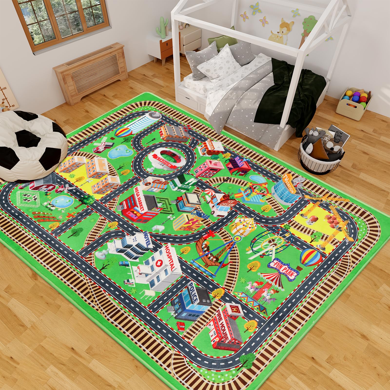 Tappeto da gioco per auto giocattolo, 200 x 150 cm, traffico stradale 3D, per cameretta dei giochi, tappetino stradale per bambini
