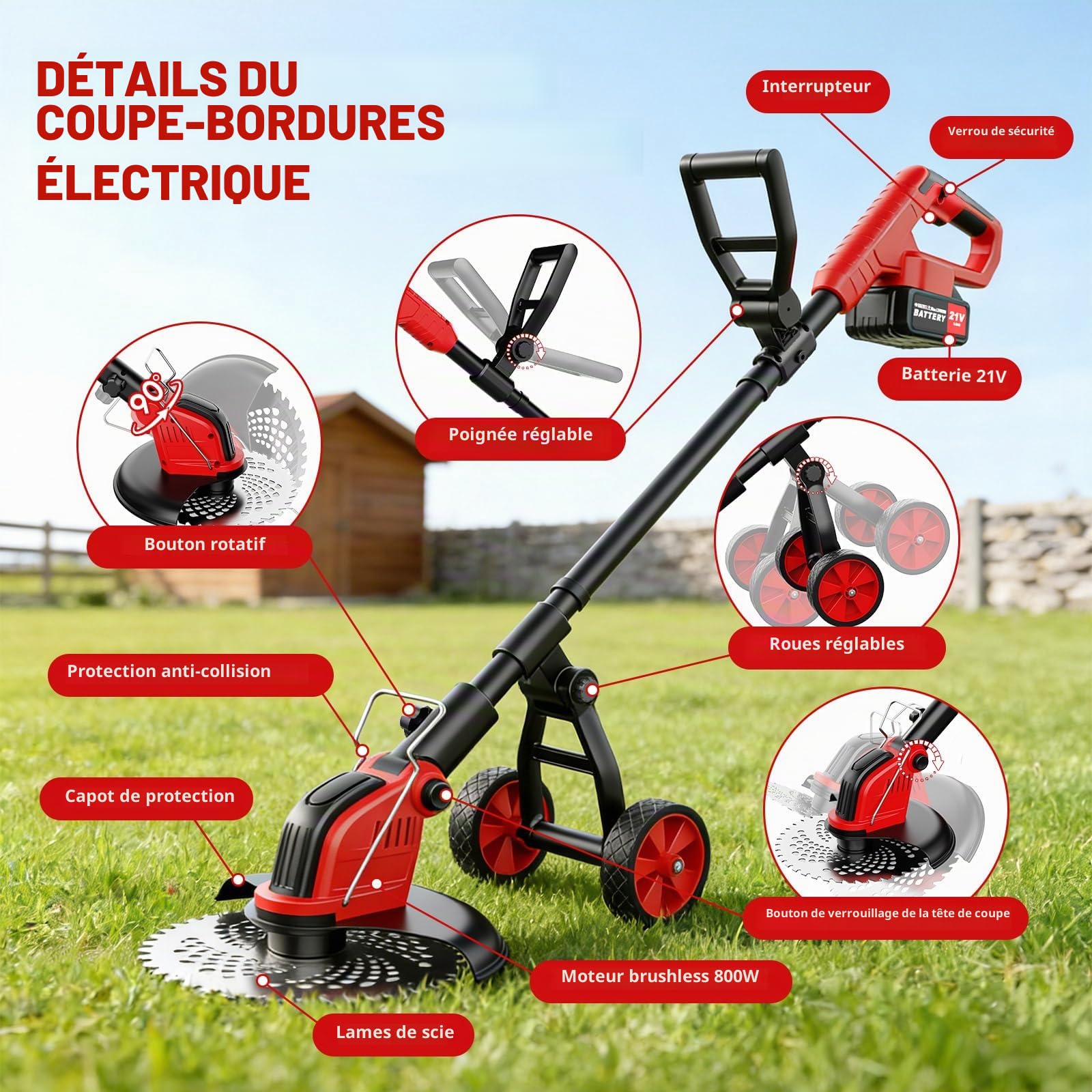 Débroussailleuse à Batterie 12 Pouces avec Roue, 20000 TR/Min, Coupe Bordure sans Fil avec 2 Batterie 3.0Ah, 4 Types De Lames, Moteur sans Balais, Poignée Réglable pour Jardin, Pelouse