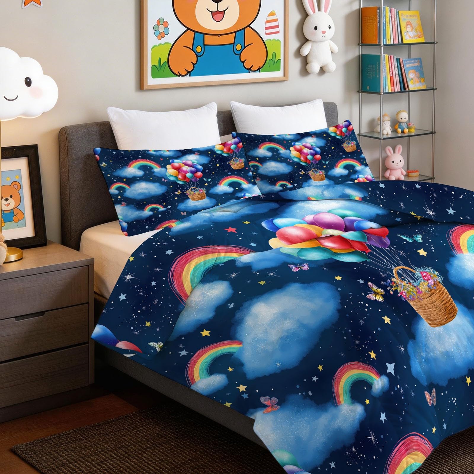 Piumino 135 x 200 cm, 4 stagioni, motivo nuvola arcobaleno, caldo, delicato sulla pelle, per tutto l'anno, 135 x 200 cm, con cartoni animati, senza rivestimento, lavabile, con 2 federe da 80 x 80 cm