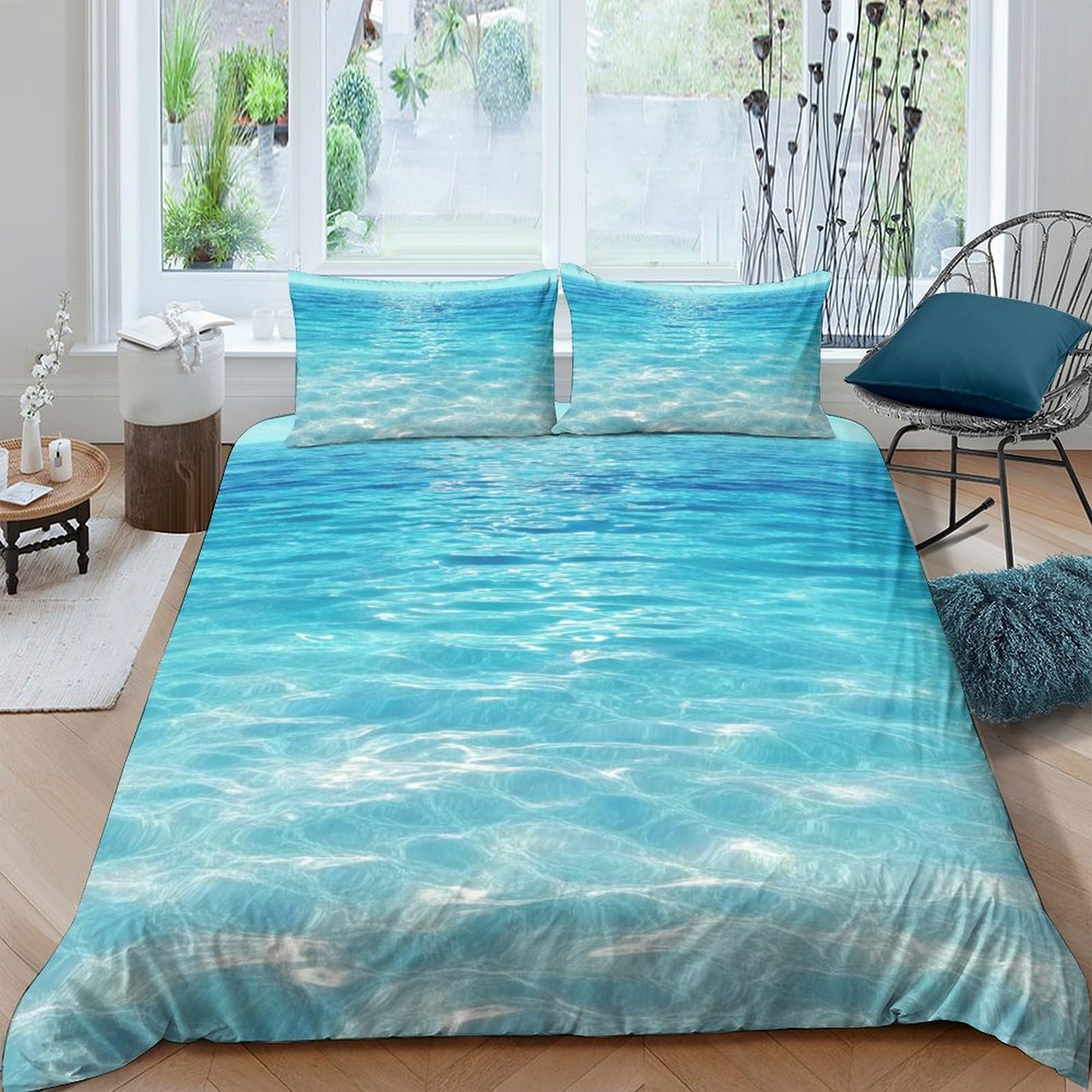 TUFRTGYHN 3D Printed Ocean Water Duvet Cover Set Microfiber Soft Breathable Beach Waves Bedding with 2 Pillowcases for Bedroom Decor Single（135x200cm）