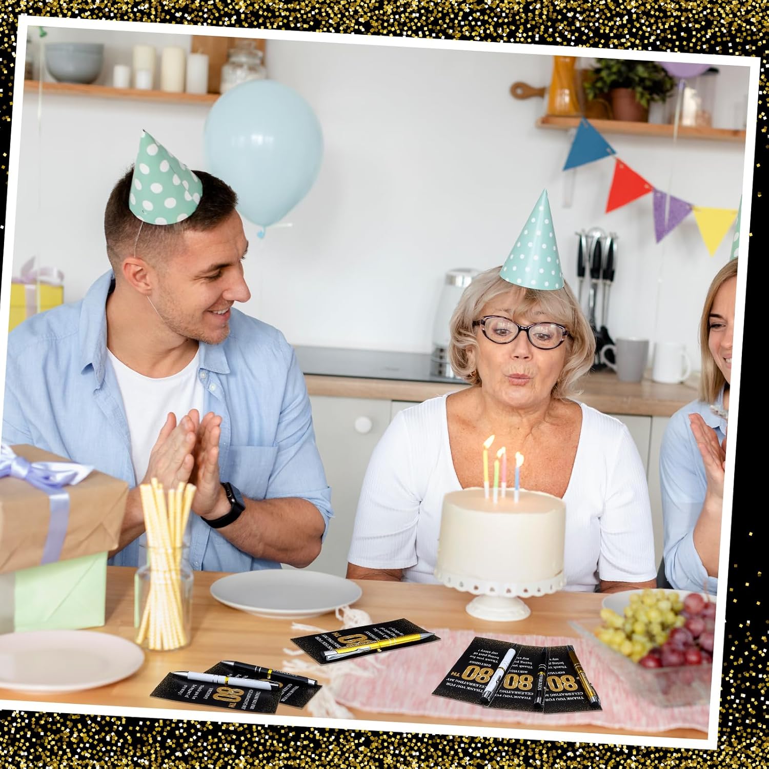 24 Set Birthday Party Favor for Guest 80th Birthday Ballpoint Pens with Thank You Cards Golden Ties Anniversary Appreciation Gifts Thanks for Coming to My 80 Years Birthday Party Supplies (80th)