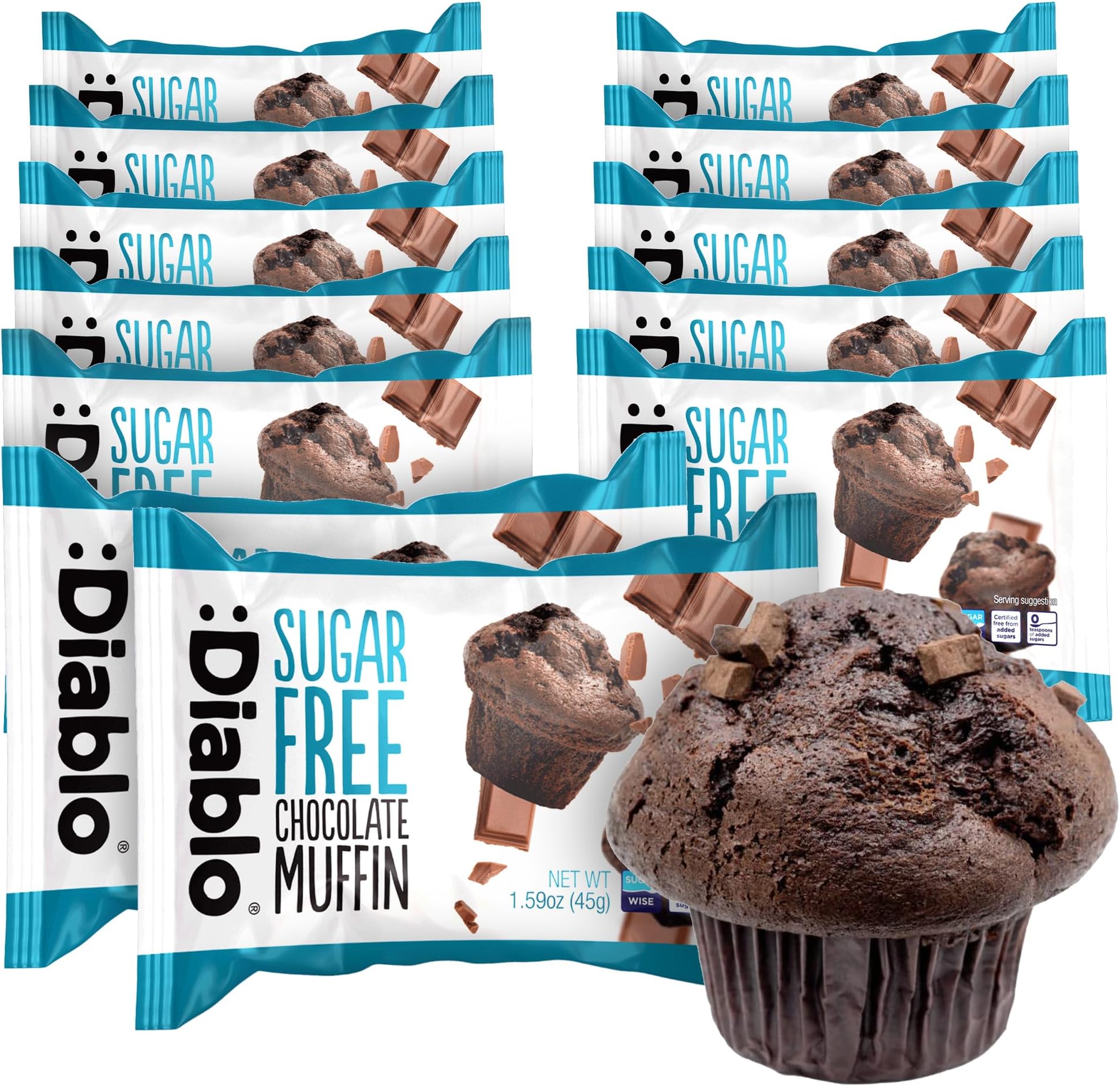 Diablo Sugar Free Chocolate Muffin Cupcake - Sweetened with Maltitol, Halal & Kosher Approved, Sugar Free Snacks - Perfect for Gifting, Birthdays, Special Occasions - 45g Each, Pack of 12