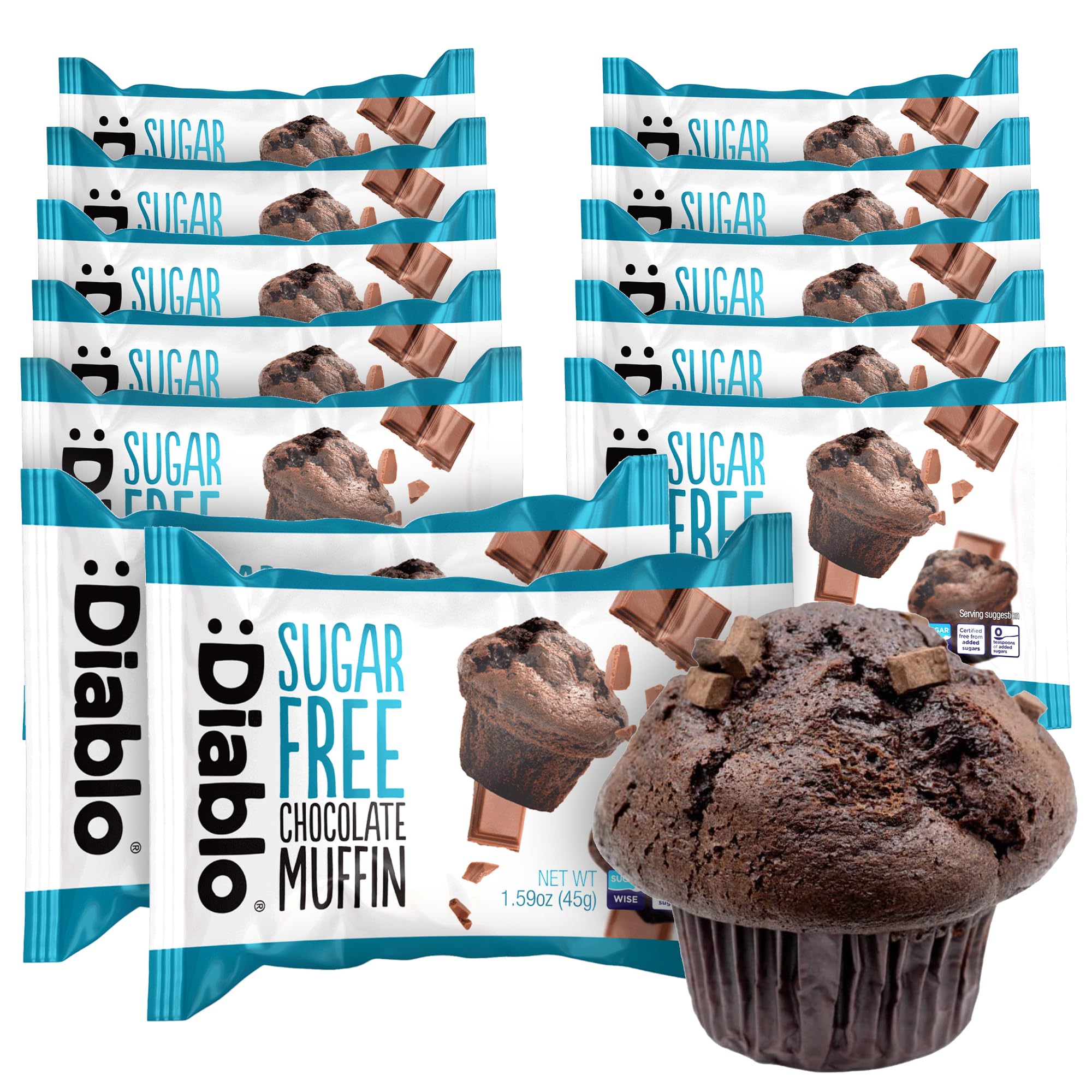Diablo Sugar Free Chocolate Muffin Cupcake - Sweetened with Maltitol, Halal & Kosher Approved, Sugar Free Snacks - Perfect for Gifting, Birthdays, Special Occasions - 45g Each, Pack of 12