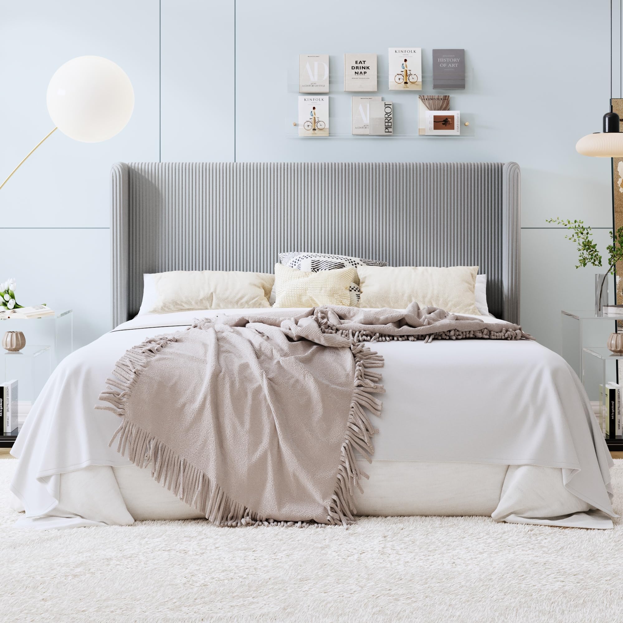 SHA CERLIN King Size Corduroy Upholstered Platform Bed Frame with Vertical Channel Tufted Wingback Headboard 8 Under Bed