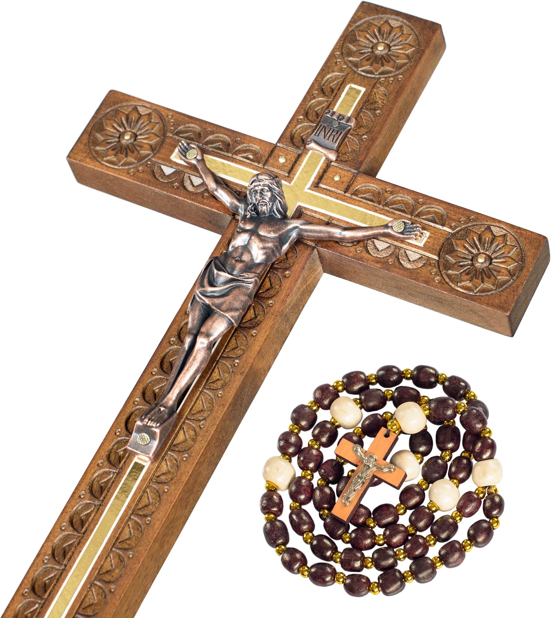 Asterom Hand Carved Crucifix Wall Cross for Home Decor - Wooden Catholic Wall Crucifix - 12 Inch