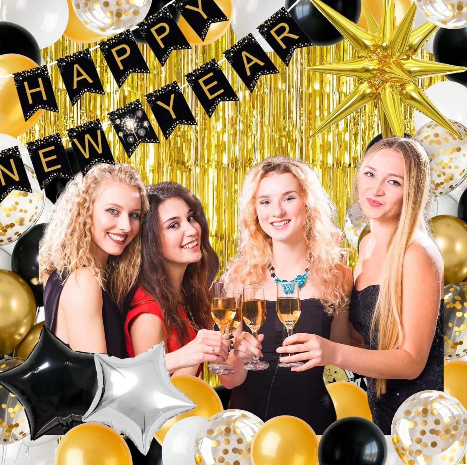 2026 New Years Eve Party Supplies Kit - New Years Decorations with Banner, Gold Star Balloons, Fringe Curtains, White Black Gold Balloons for NYE Photo Booth & Home Decor