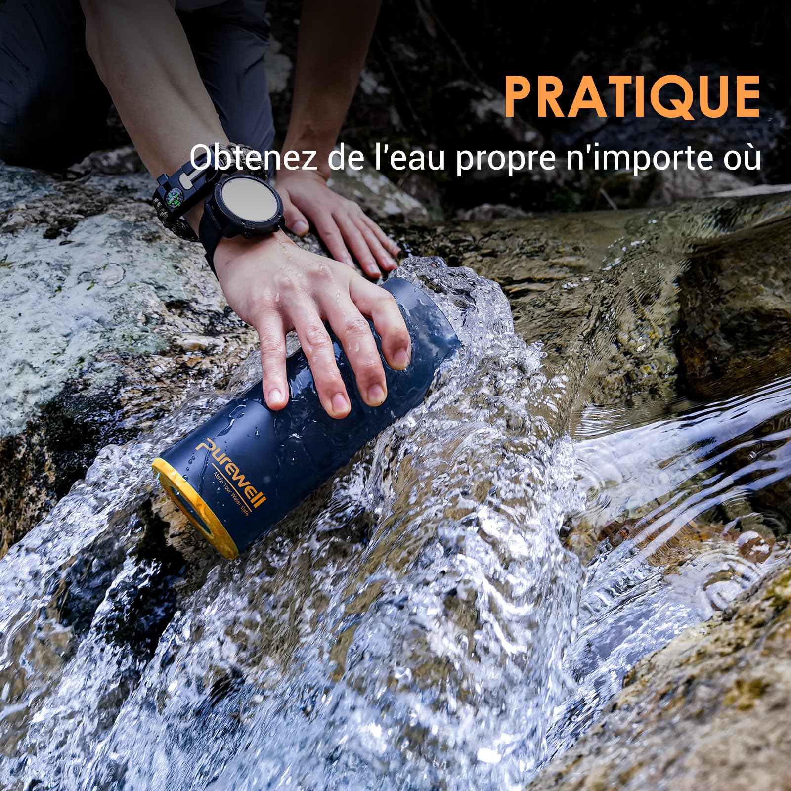 Purewell Gourde Filtrante Outdoor 500ml - Système Press & Drink Filtre 99,999% des Bactéries, Virus, Chlore & Odeurs - Capacité de Filtration 10000L pour Camping, Randonnée, Survie et Voyages