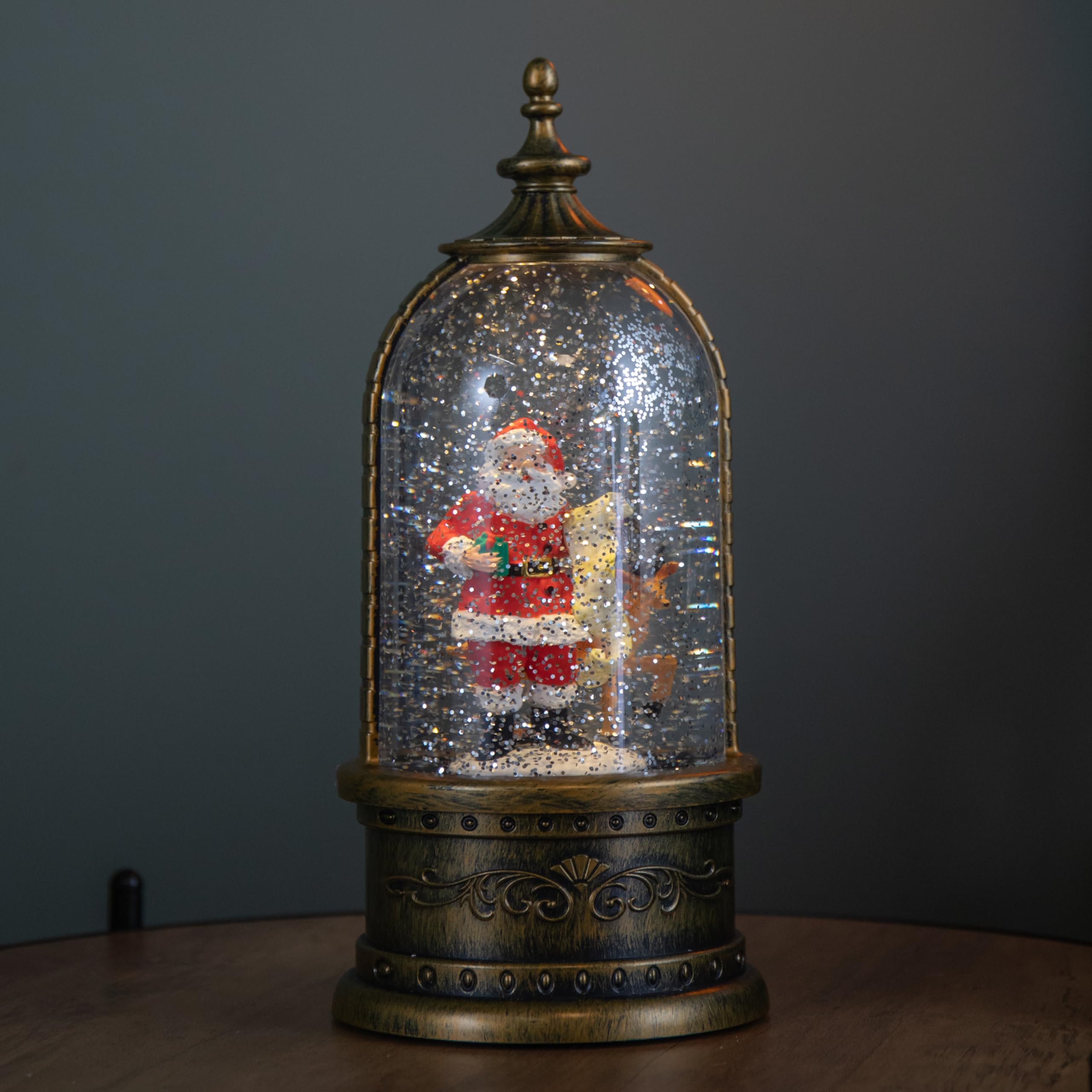 Samuel Alexander Bronze 29Cm Battery Operated Light Up Led Christmas Cloche Water Spinner With Santa & Deer Scene