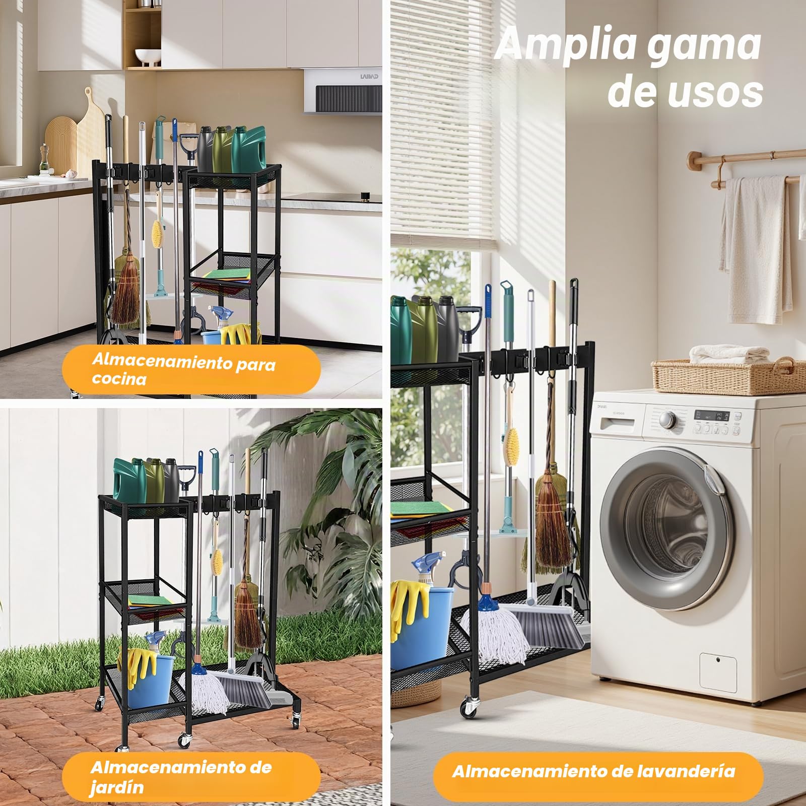 Carro de Limpieza 3 Estantes, Soporte para Escobas y Organizador Móvil con 6 Ruedas, para Hogar, Hotel, Escuela (Carga 50kg)