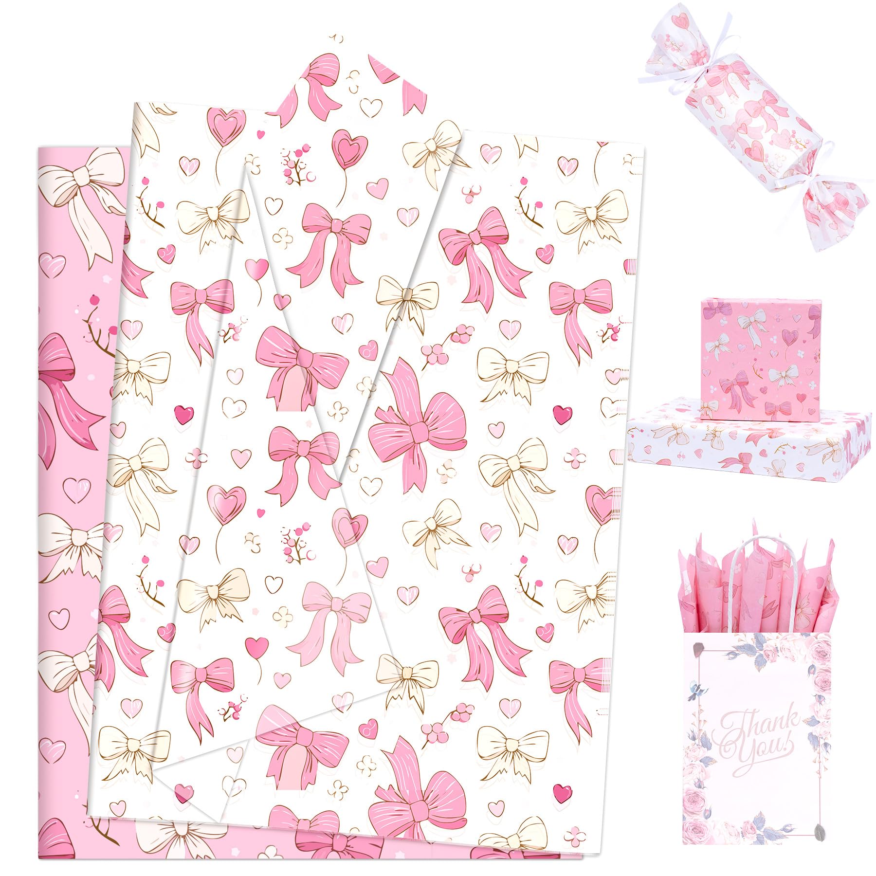 Larcenciel Pink Tissue Paper for Packaging, Bow Balloon Gift Wrap Tissue Paper for Gift Bags, Boxes &amp; Crafts, Pretty Packing Supplies for Birthday, Wedding, Anniversary, Holiday, 60 Sheets 20x14in