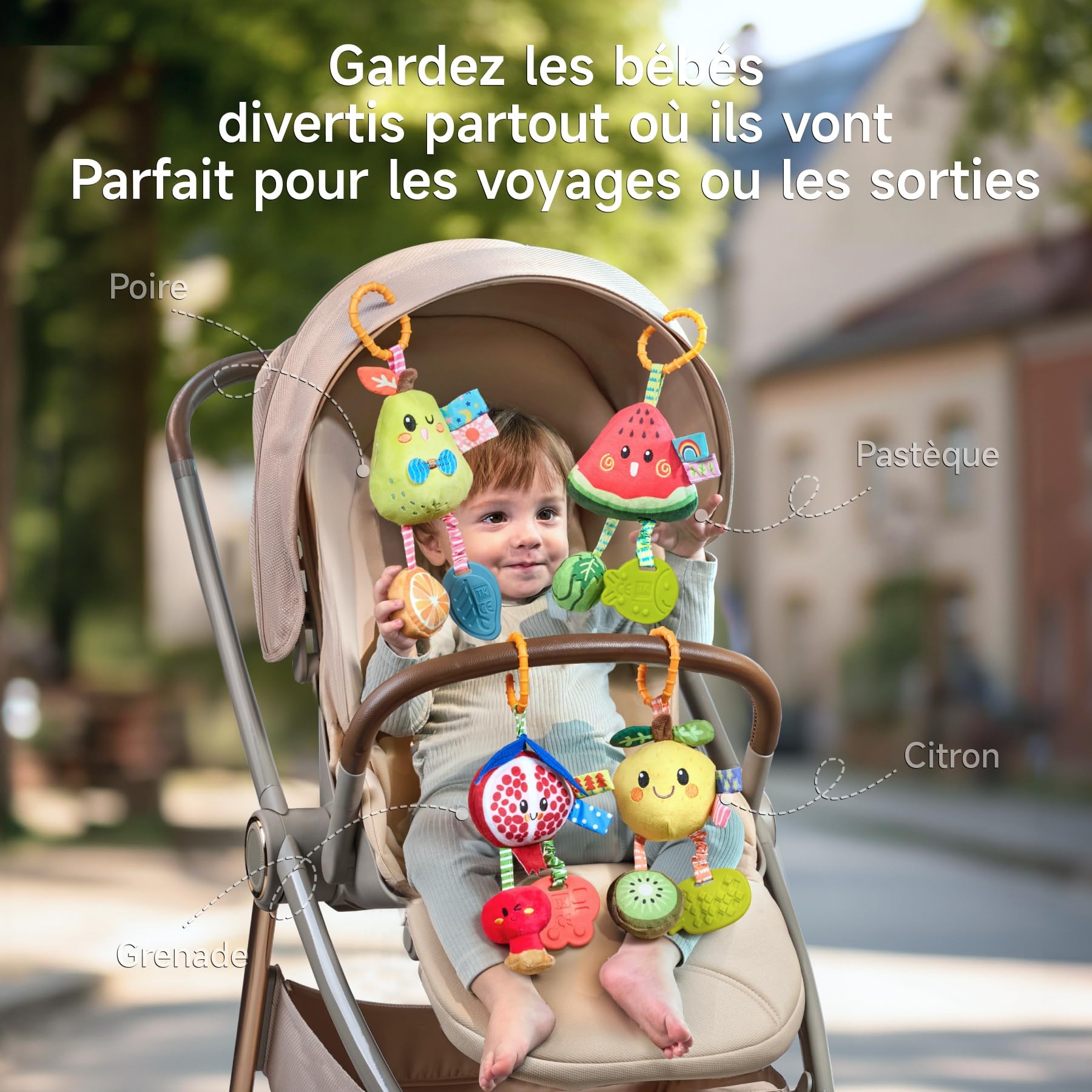 TUMAMA Hochet à suspendre pour landau de bébé de 0 à 3 à 6 à 9 mois, jouets d'apprentissage sensoriel pour nouveau-né avec son couineur et anneau de dentition, hochets en peluche citron pour siège