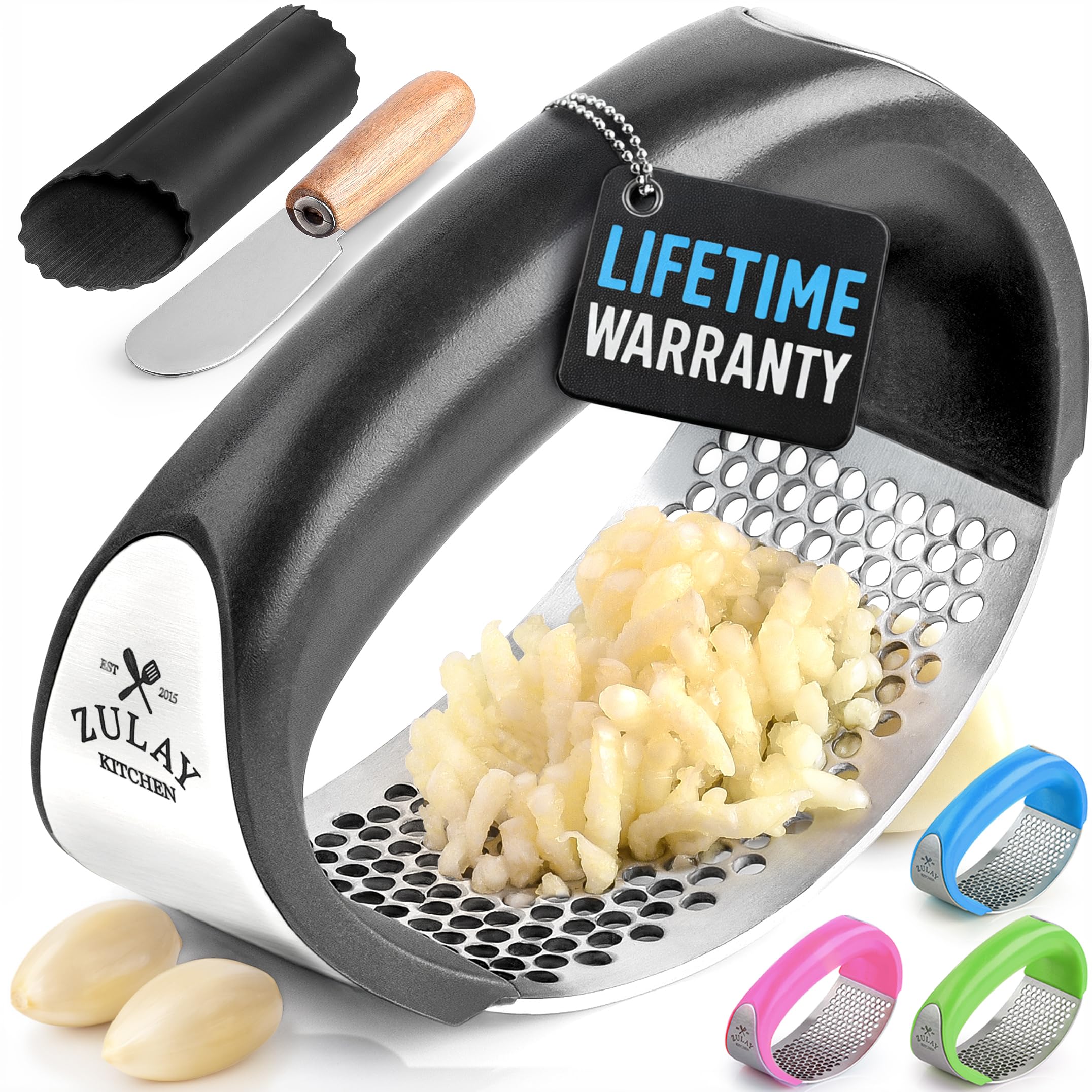Zulay Kitchen Stainless Steel Garlic Press Rocker Set - Time Saving, Durable Strong Garlic Mincer Tool - Easy to Use & Clean Garlic Crusher Set with Peeler and Scraper Kitchen Gadget Smasher - Black