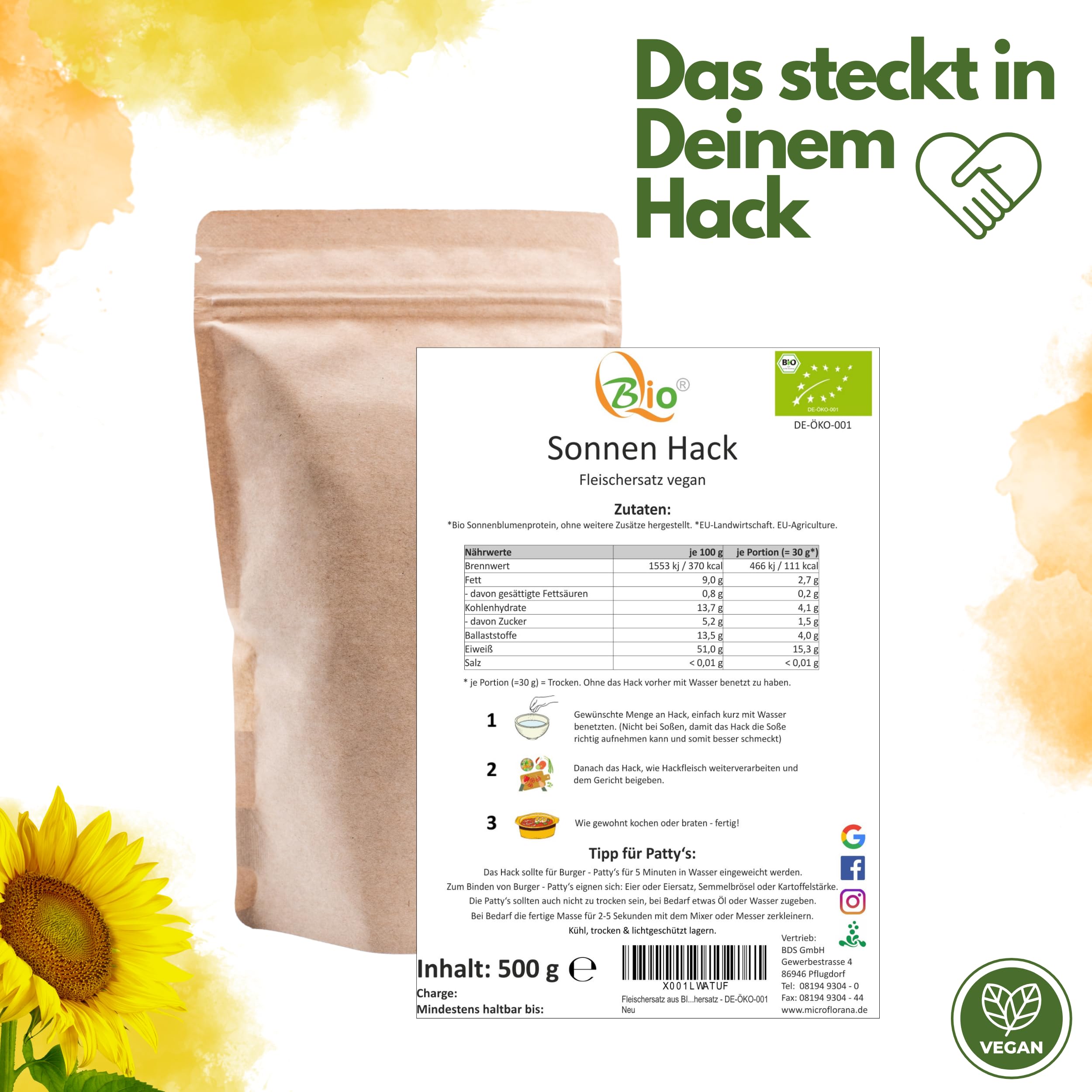 Sustituto de carne picada de girasol ecológica 500 g proteína vegetal vegano sin gluten