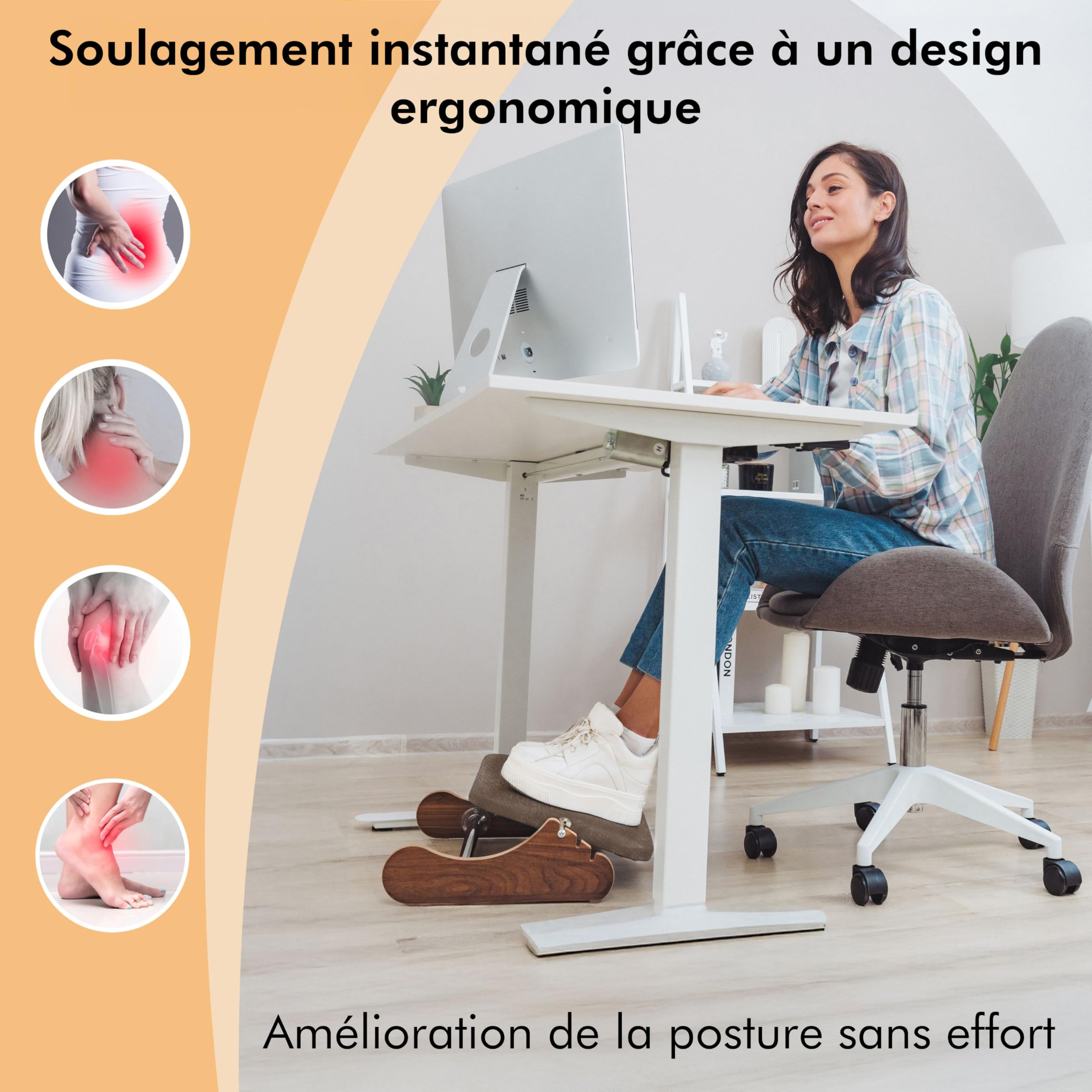Reposapiés ergonómico de madera, soporte para tobillo acolchado, tejido de ante suave 3 alturas (6/8/10 cm) antideslizante postura y circulación, oficina y teletrabajo