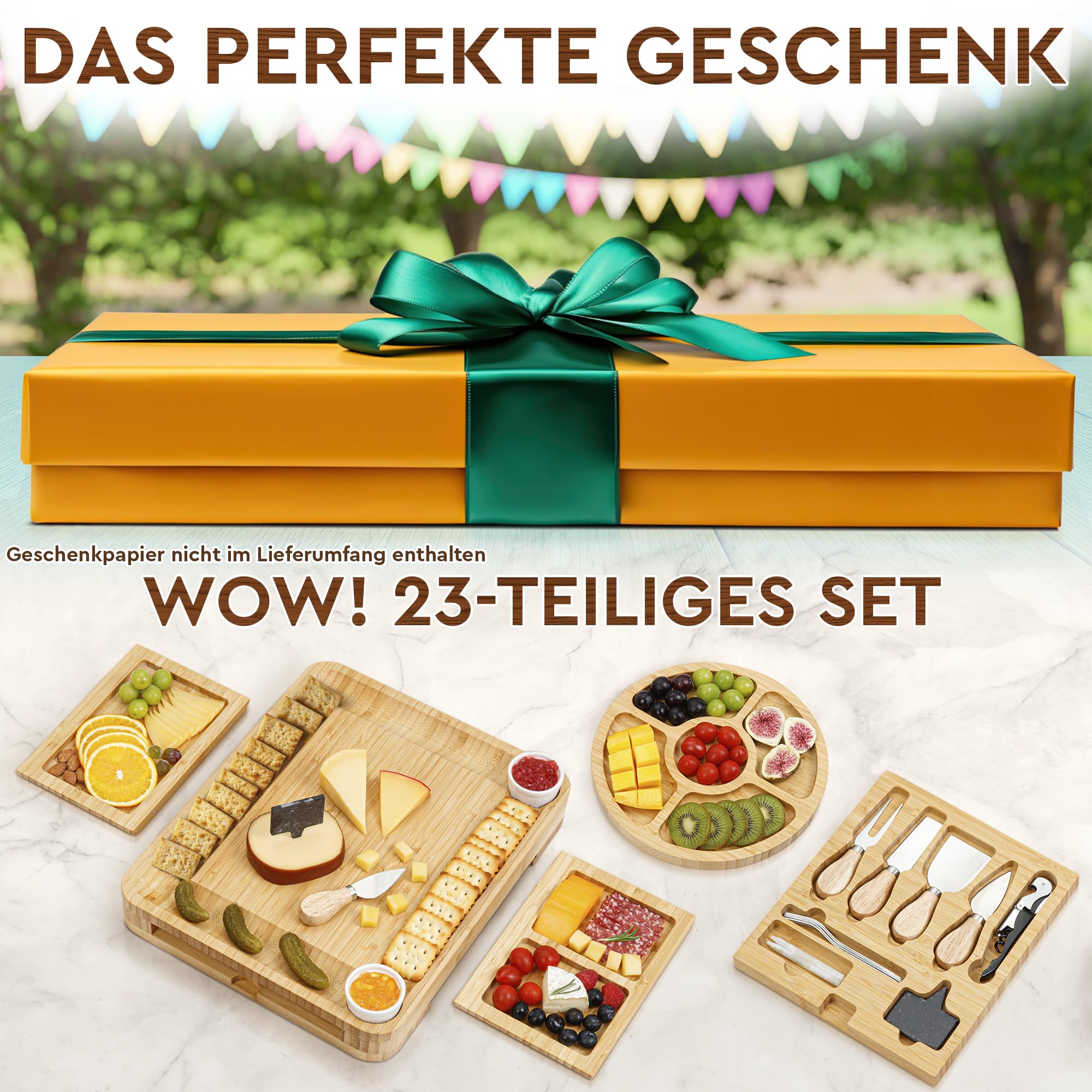 Charcuterie Boards Deluxe Geschenkset – 23-teilig, Bambus – großes Käsebrett plus Obsttablett als Geburtstagsgeschenk