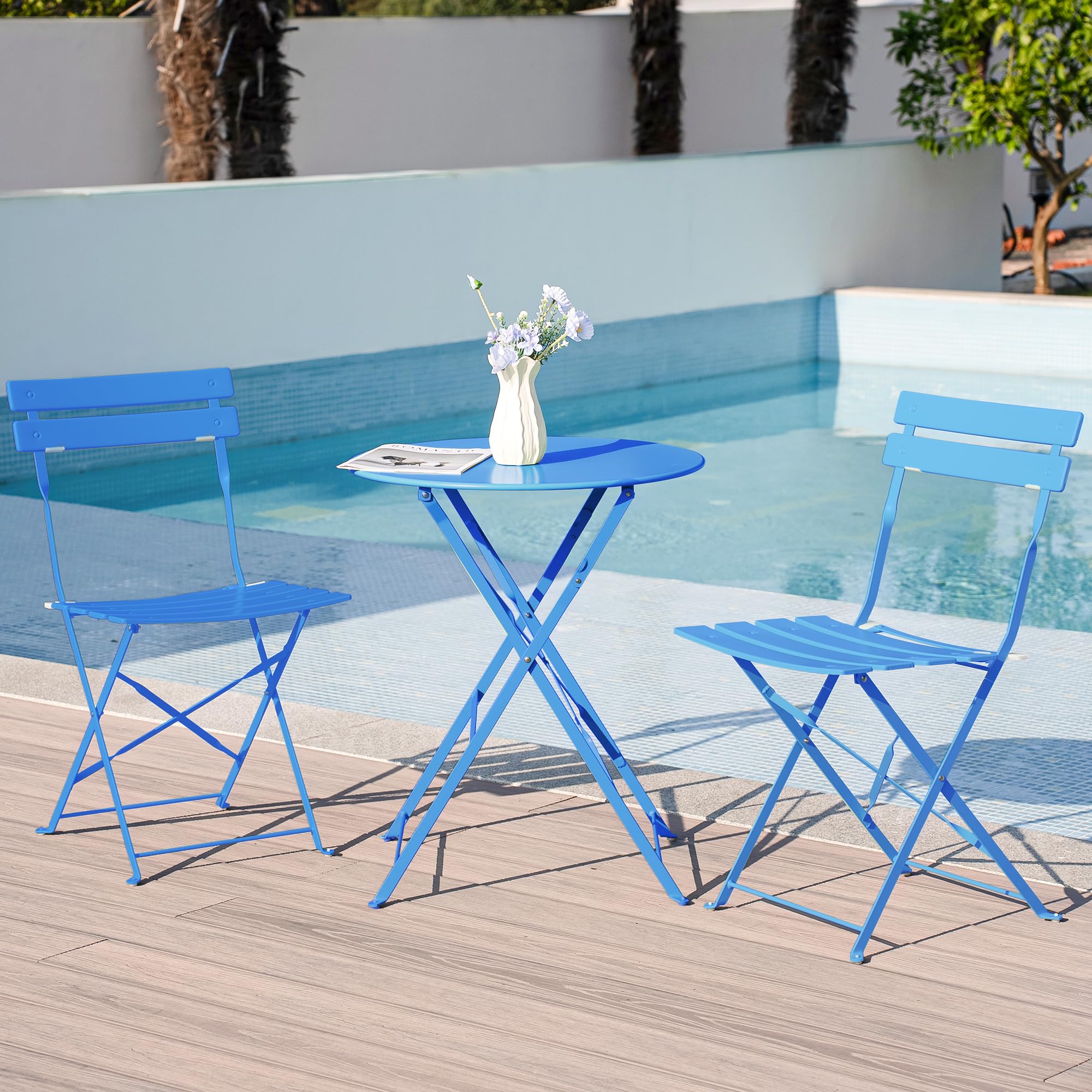 RELAX FIELD 3 Piece Bistro Set, Folding Patio Furniture Set, Outdoor Table and Chairs Set for Patio, Garden, Balcony and Poolside, Blue