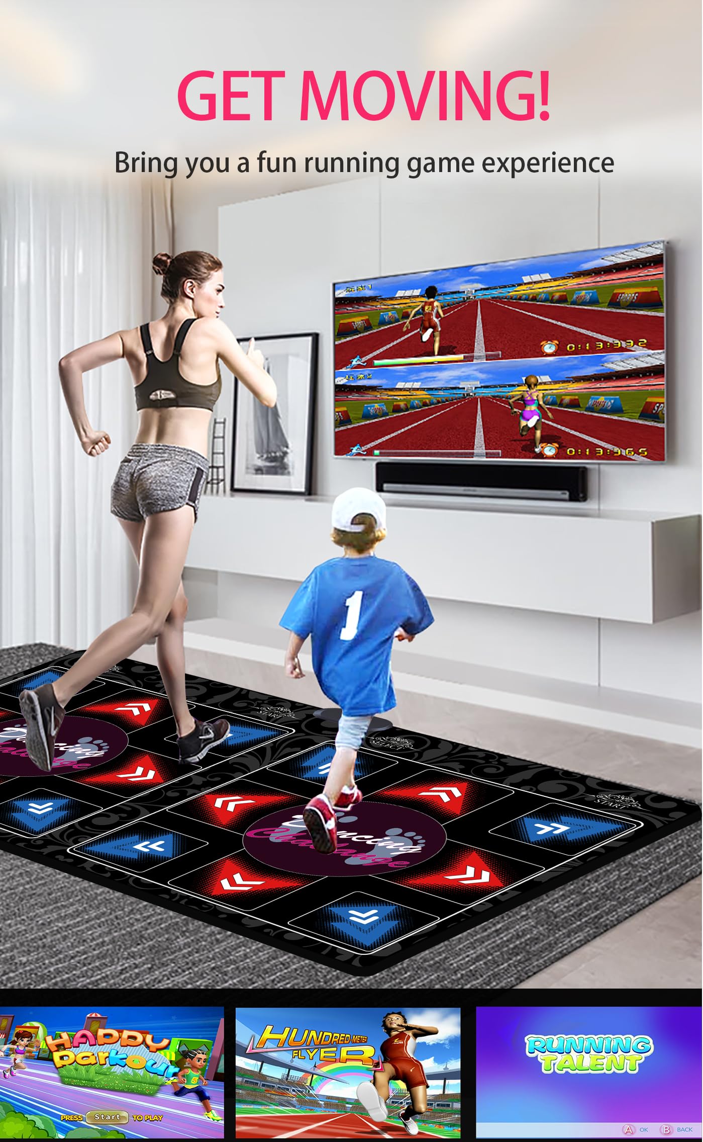 Tappeto da Ballo HDMI Doppio per Bambini e Adulti, 64GB con 899 Giochi e 650 Brani, Fitness Dance Mat Wireless con Modalità MV/3D/Cartoon, Morbido Tessuto in Flanella Premium, Regalo Divertimento