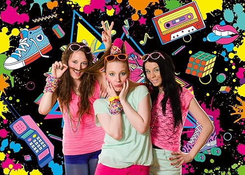 Miniatura 4 de PGSWEER Telón de fondo con texto en inglés "I Love 80's Retro Photo Backdropop Back to the 80's Record Player Neon Glow Background 1980's Disco Rock