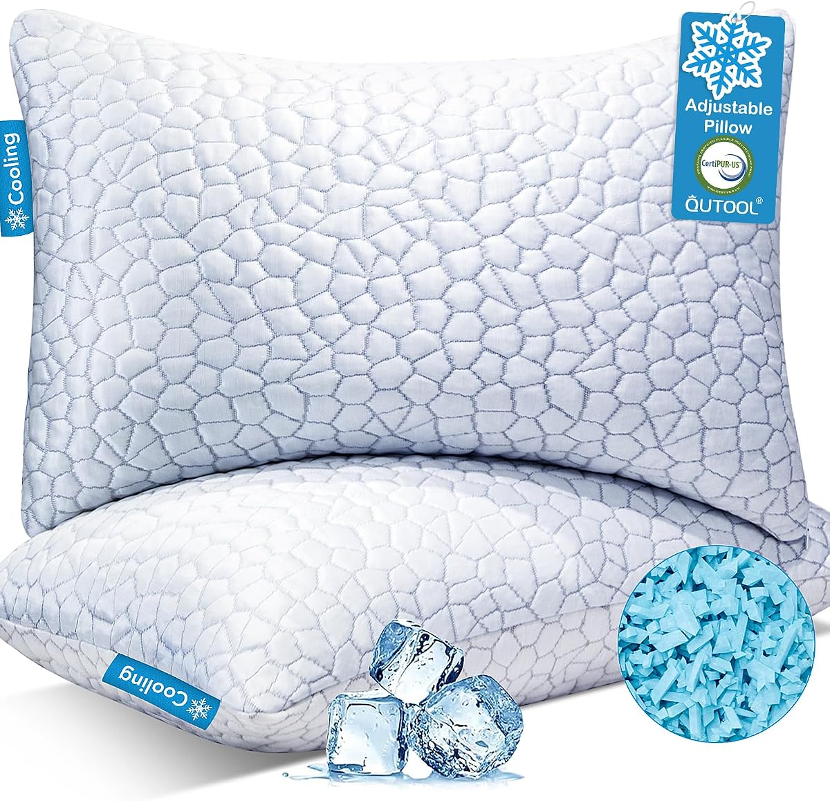 Cooling Pillow for Sleeping, CertiPUR-US Shredded Memory Foam Queen Pillows Set of 2, Cool Pillow for Hot Sleepers Adjustable Firm Pillow for Side, Back, Stomach Sleepers Soft Yet Support,White