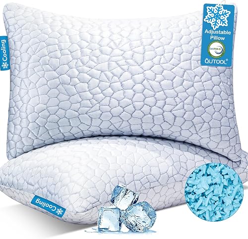 QUTOOL Cooling Pillow Set of 2, CertiPUR-US Shredded Memory Foam Queen Pillows for Hot Sleepers, Adjustable Loft for Side Back Stomach Sleepers