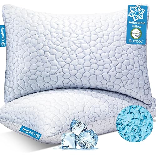 QUTOOL Cooling Pillow for Sleeping, CertiPUR-US Shredded Memory Foam Queen Pillows Set of 2, Cool Pillow for Hot Sleepers Adjustable Firm Pillow for Side, Back, Stomach Sleepers Soft Yet Support,White