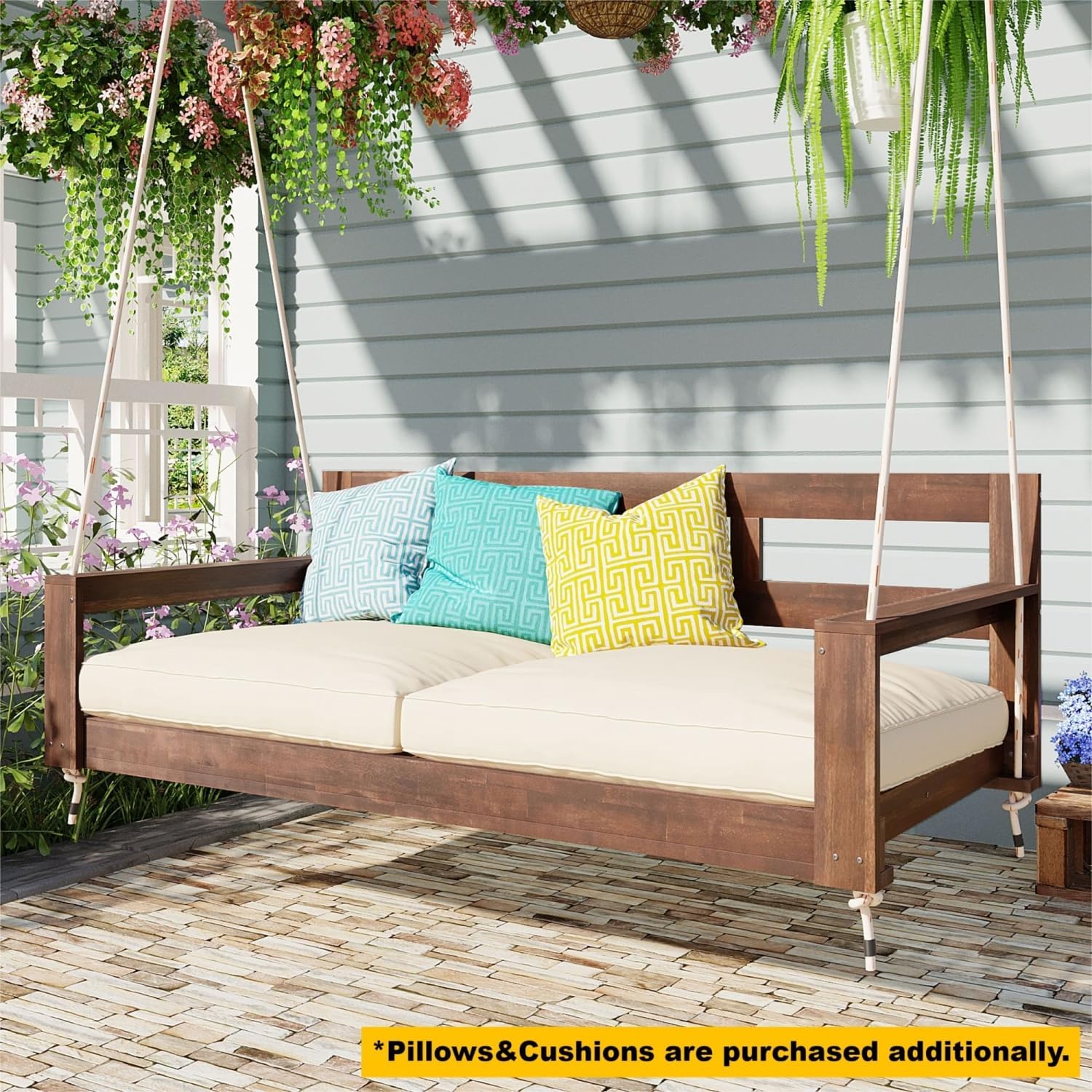 Patio Wooden Twin Size Porch Swing Daybed Frame in Acacia Wood - Farmhouse Style Outdoor Seating with 4 Hanging Ropes, Durable Natural Finish & 350lbs Weight Capacity for Backyard & Garden
