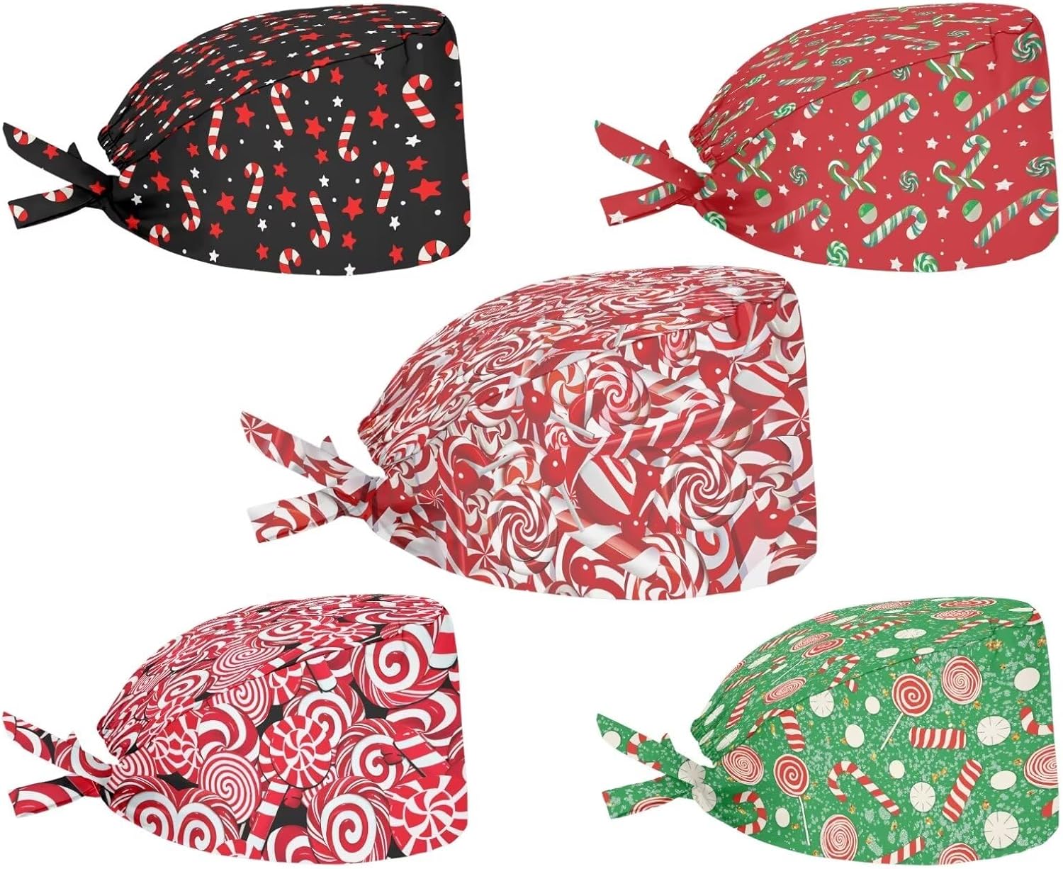 POLERO Holiday Scrub Hats with Sweatband Fashion Hair Covering Party Headgear Cap Set of 5