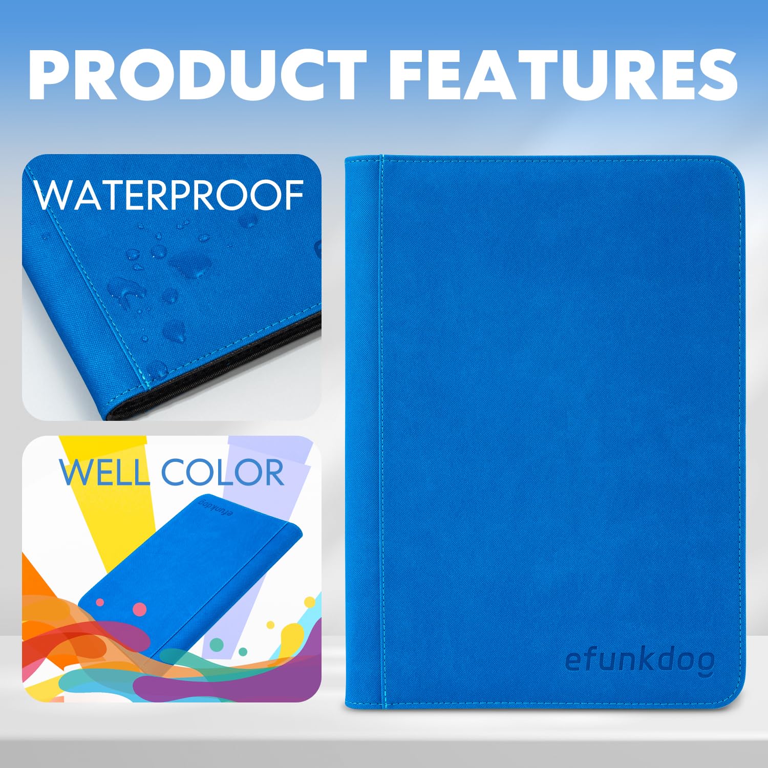 efunkdog Raccoglitore Carte, Album portacarte collezionabili 9 tasche Copertura in PU con cerniera, Capacità di 360 carte per TCG e carte sportive (Blu)