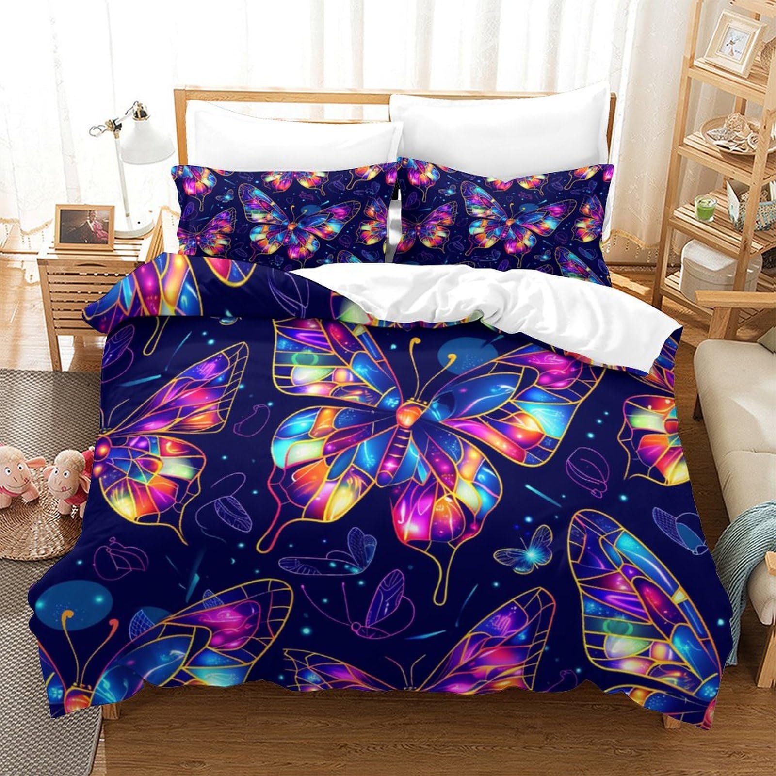 P1S9U7W5Y Colourful Butterfly Pattern 3D Printed Duvet Cover Set 3 Pieces Microfiber Bedroom Decor Butterfly Bedding Set for All Ages Double（200x200cm）