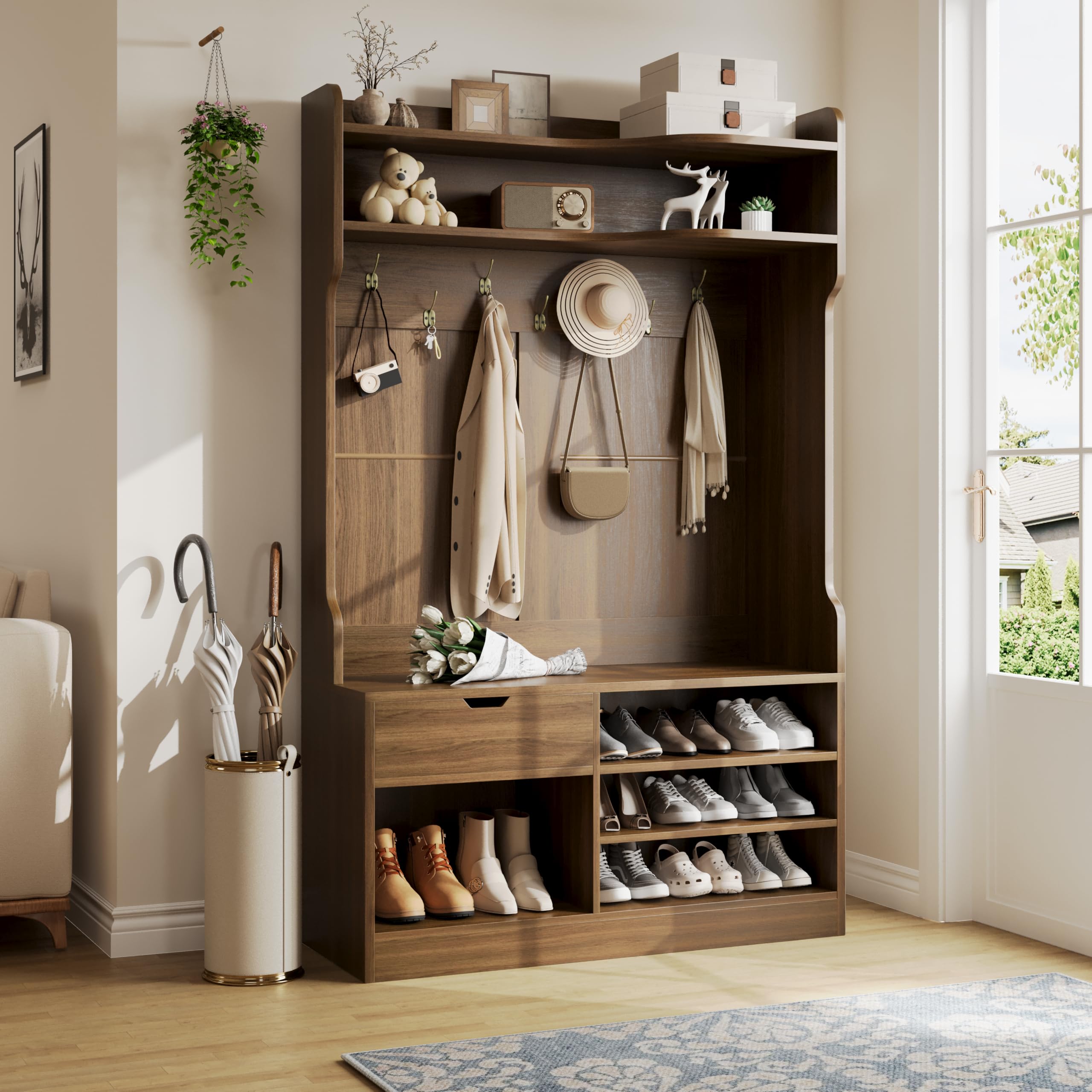 Vividwood Hall Tree with Bench, Simple Style 5 in 1 Hall Tree, Entryway Storage bench3-Layer Shoe Cabinet & 7 Coat Hooks, Separate Drawers,