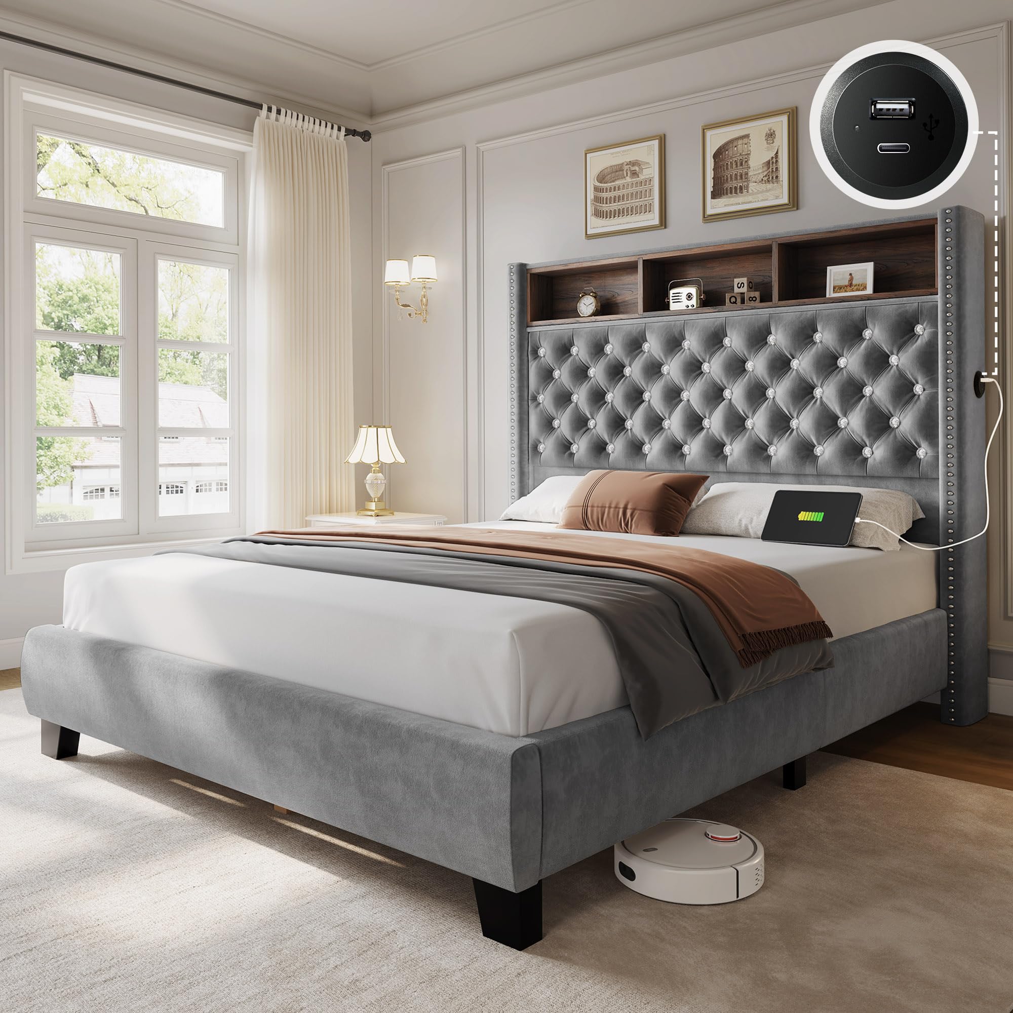 YITAHOME Queen Size Bed Frame with 58" Tall Headboard, Storage Headboard Bed with USB Charging Stations, Type-C Port, Velvet Upholstered Beds with