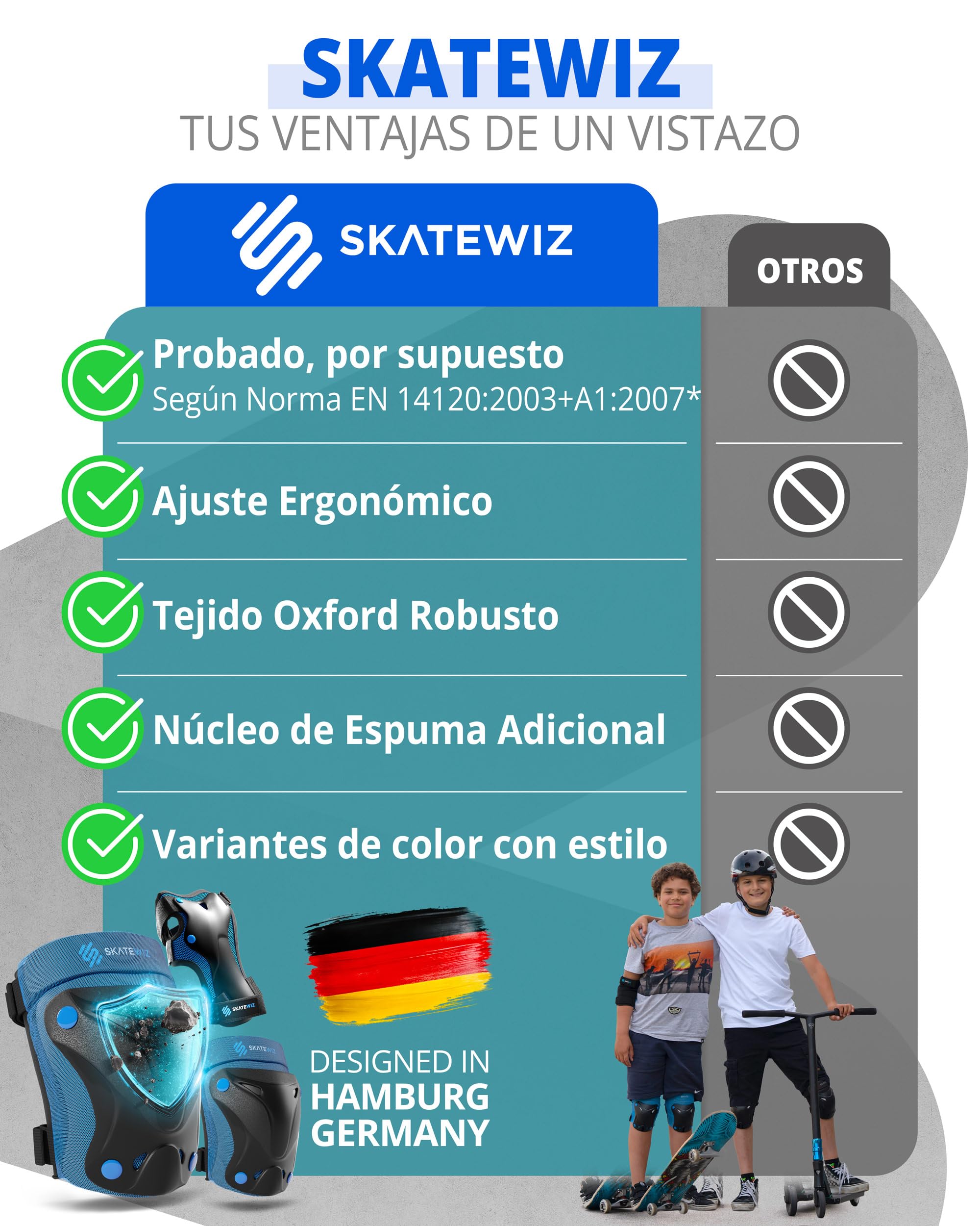 SKATEWIZ Protecciones Patinaje 6 piezas Rodilleras Coderas Niños Adultos