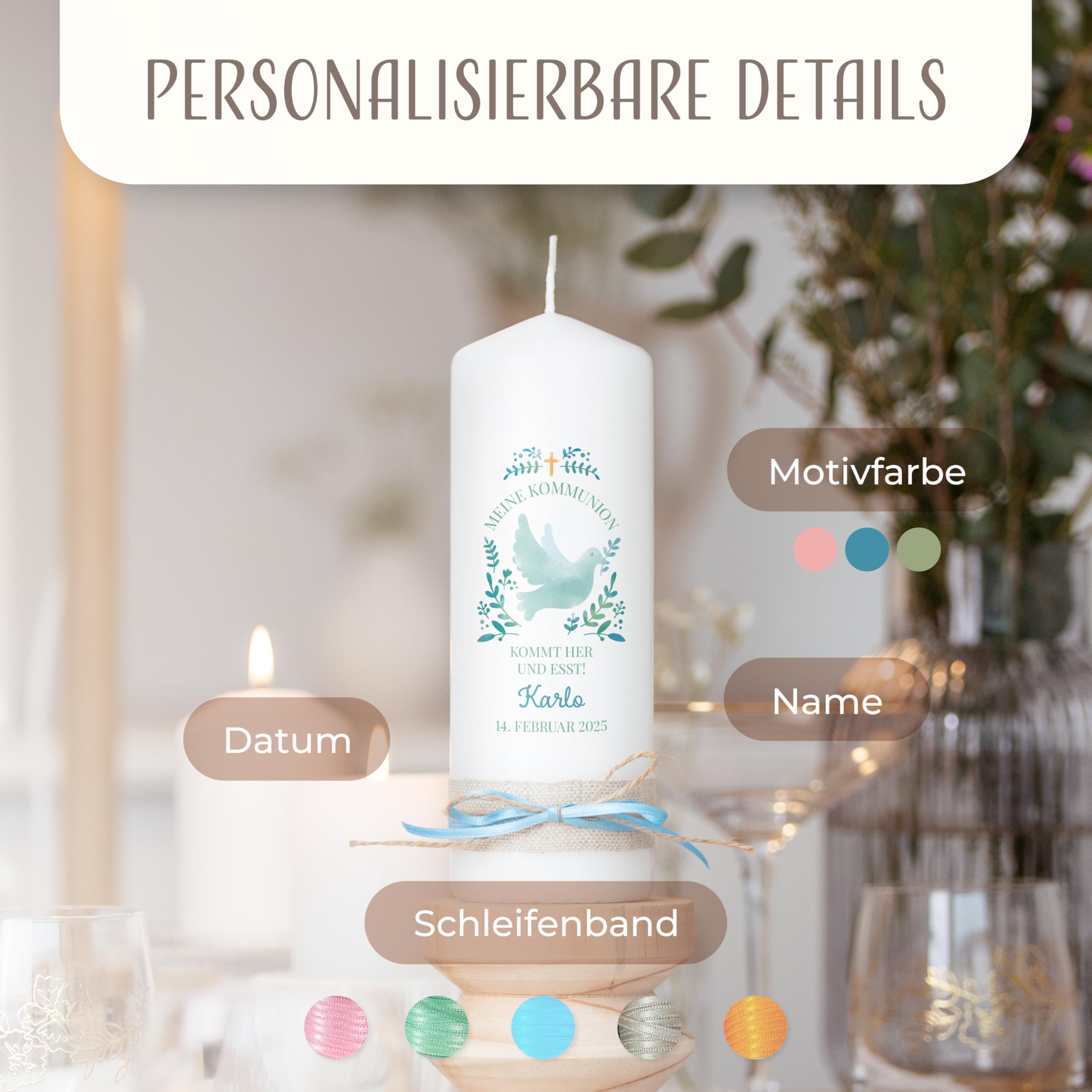 AMARI ® Kommunionkerze personalisiert Taube H:20cm/⌀:7cm - Kerze Kommunion - Kommunionkerze Junge/Mädchen