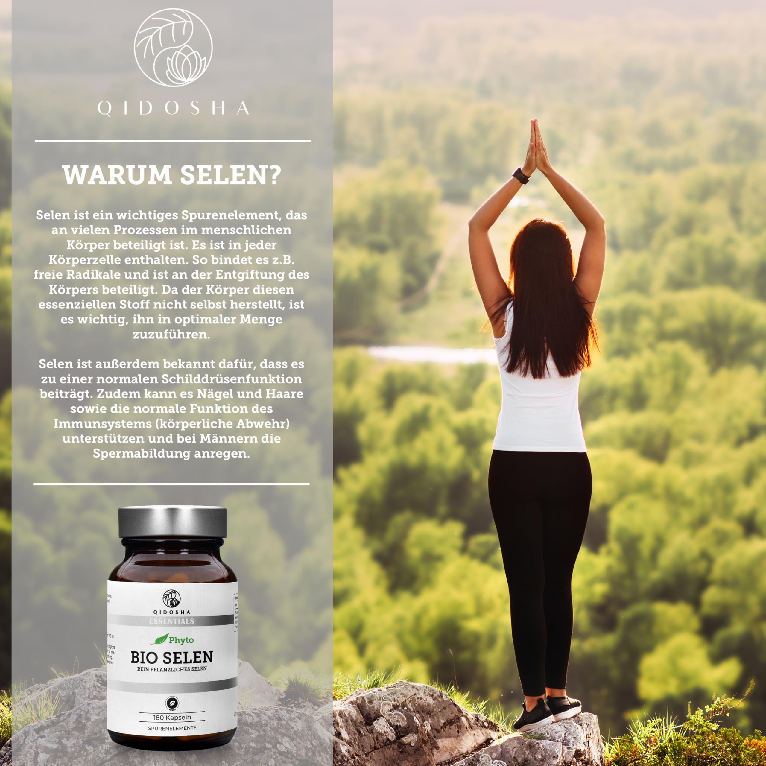 QIDOSHA® Bio Selen hochdosiert, 180 Kapseln, 55 mcg (100% NRV) pflanzliches Selen je Kapsel aus Bio Indischem Basilikum und Bio Sonnenblumenkernen, Selenmethionin, ergänzt um Bio Akazienfaser