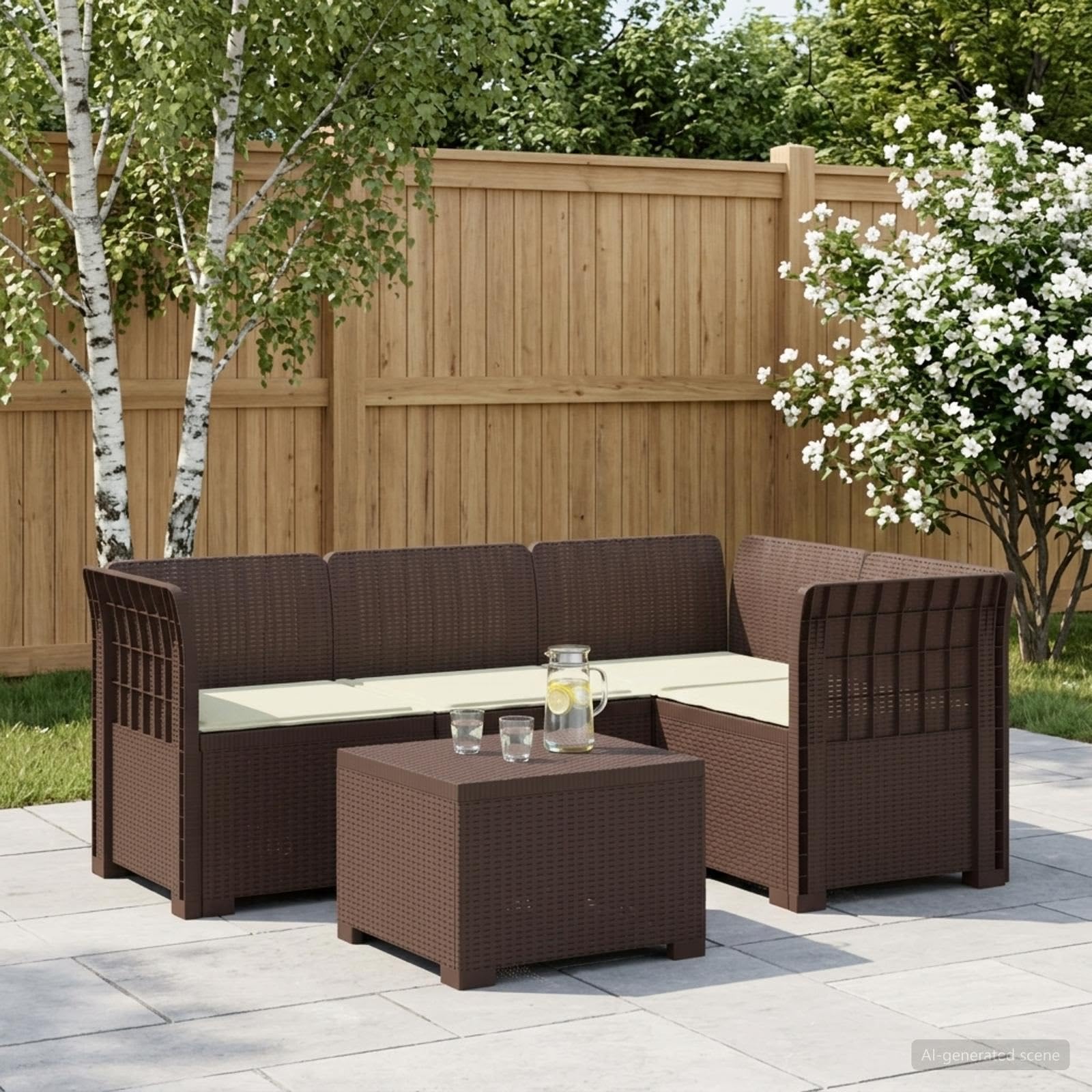 4-osobowa sofa ogrodowa z poduszkami, polipropylen, brązowa, wygląd rattanu, odporna na warunki atmosferyczne, modułowa, możliwość rozszerzenia, na taras, balkon, do relaksu i relaksu na