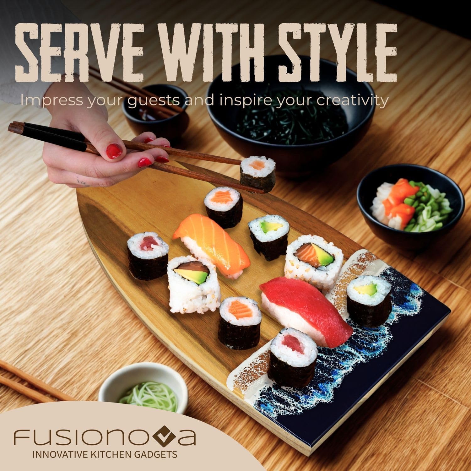 FUSIONOVA Acacia Cutting Board with Epoxy - Surfboard Shaped Wood Cutting Board with Waves, Beach House Essentials - Epicure, Gourmet, Cheese Lovers - Unique Gift for Surfers - Surf Decor - Surf Gift