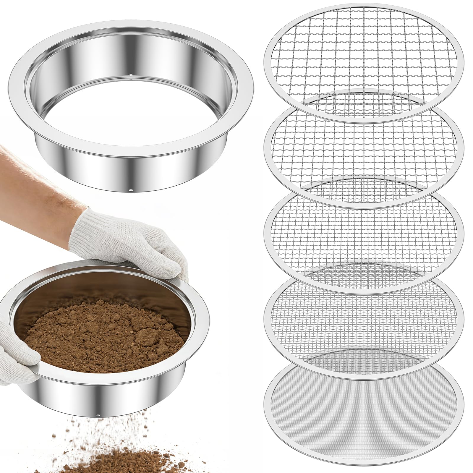 Shaojian Silver 5 In 1 Garden Sieve Set Stainless Steel Soil Sieve With 5 Interchangeable Mesh Inserts (1Mm, 3Mm, 6Mm, 9Mm, 12Mm) Multi-Purpose Sifting Pan For Soil Sand Gravel Compost Bonsai Cat Litter