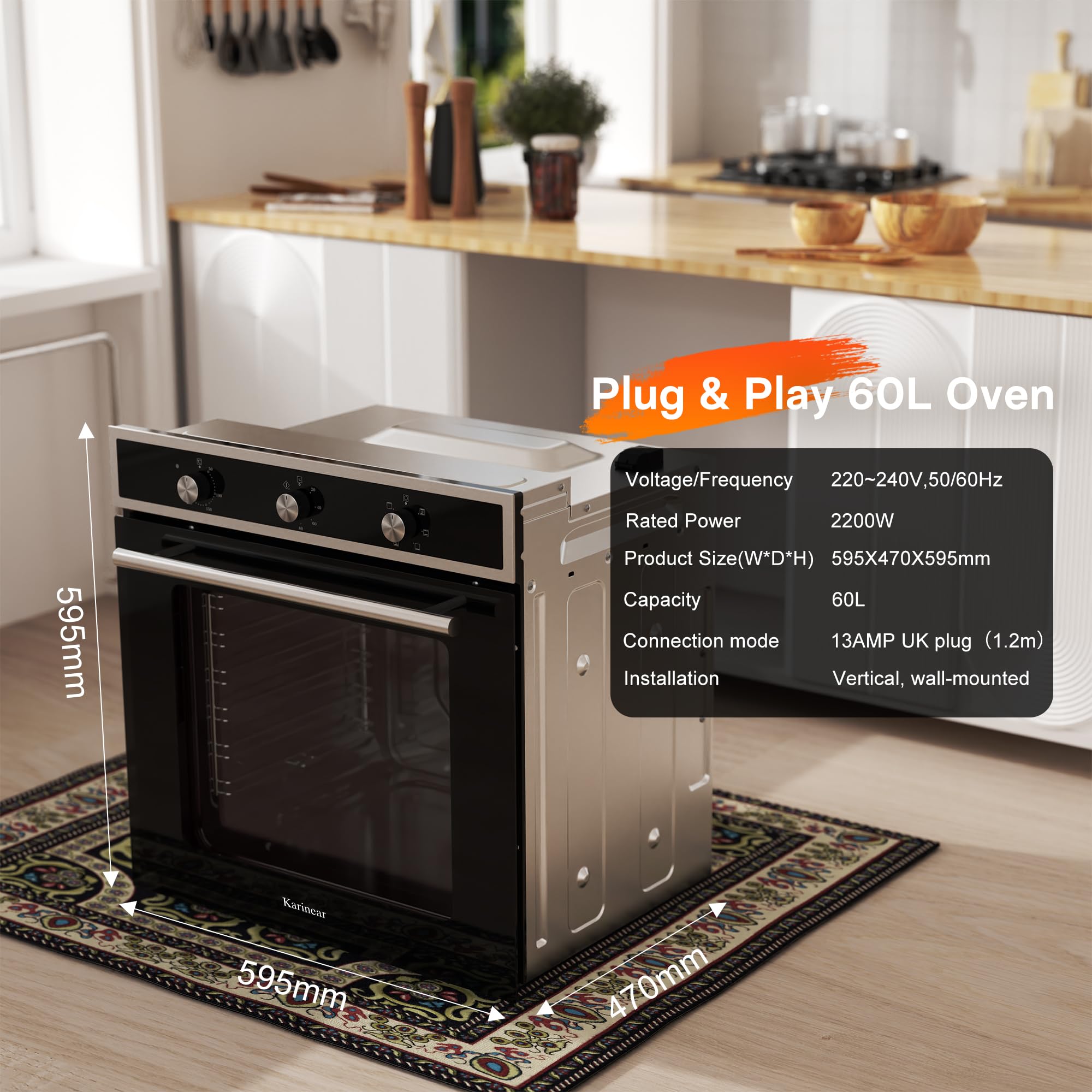 Karinear Electric Oven 60L Built in Knob Control 6 Functions 2200W Plug and Play 220V 60cm Wide Black with 120 Timer — view 6