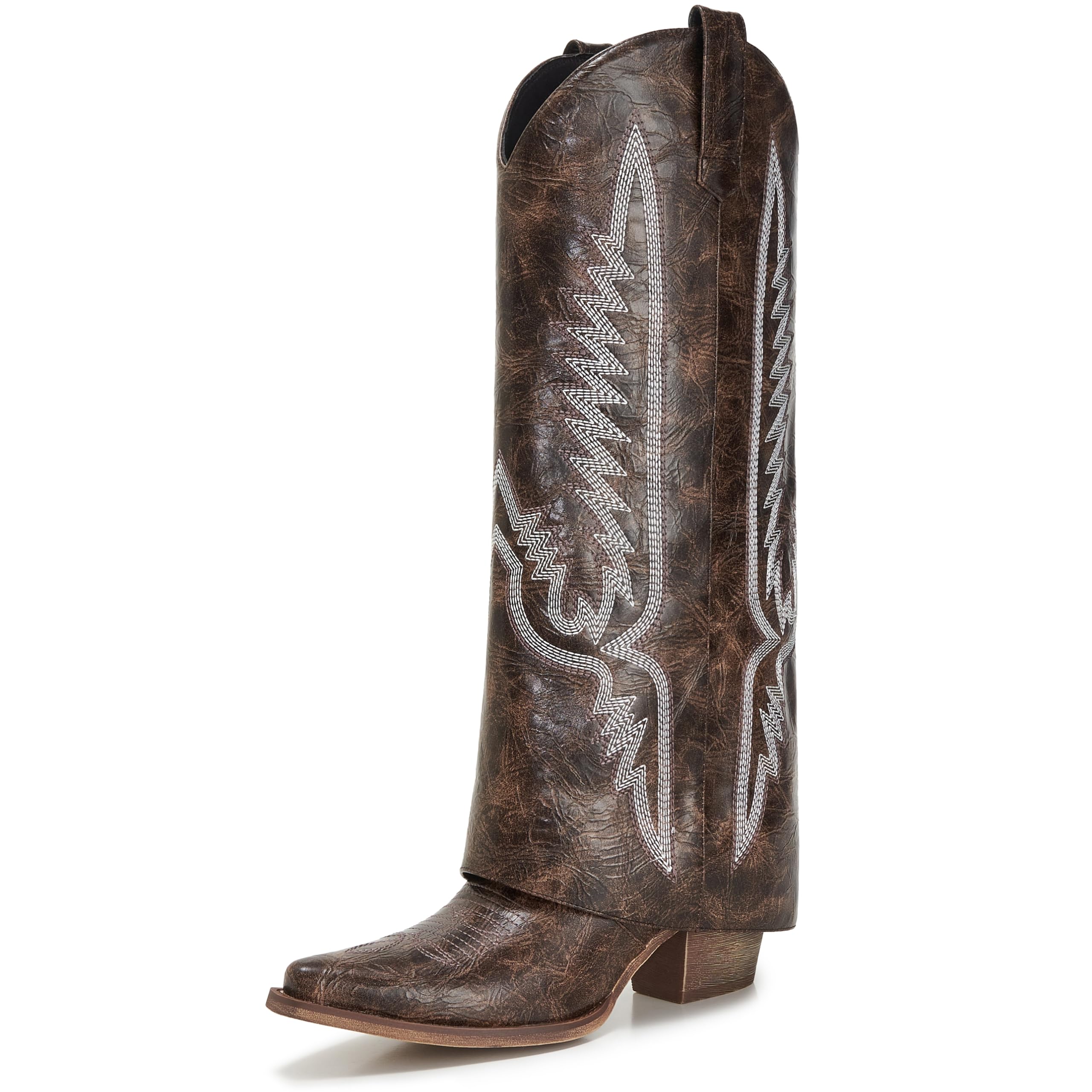 Western Cowboy Boots for Women Pull On Shark Boots Fold Over Calf Chunky Heel Snip Toe Cowgirl With