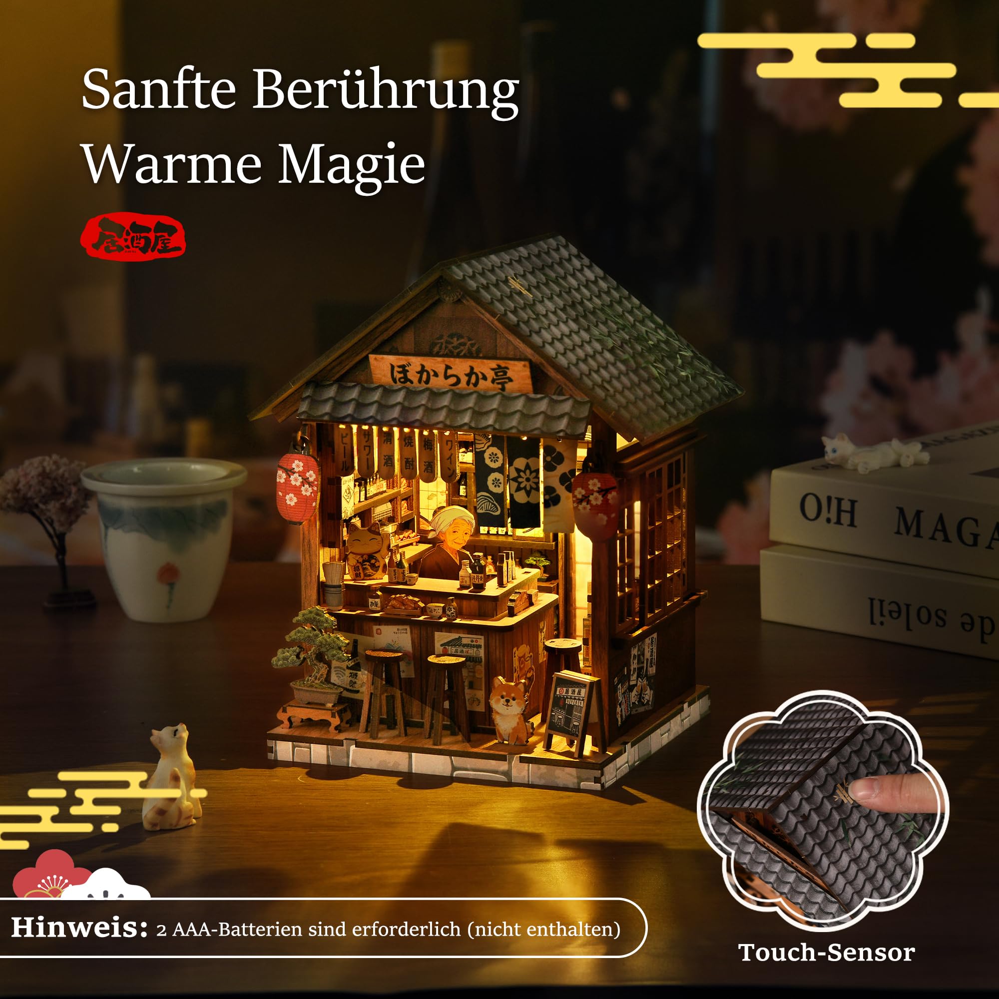 Book Nook Kit Japońskie Izakaya ze światłem LED | Drewniane puzzle 3D | Miniaturowa scena Japonii | Dotykowe światło LED | Kreatywne DIY | Dekoracja regału