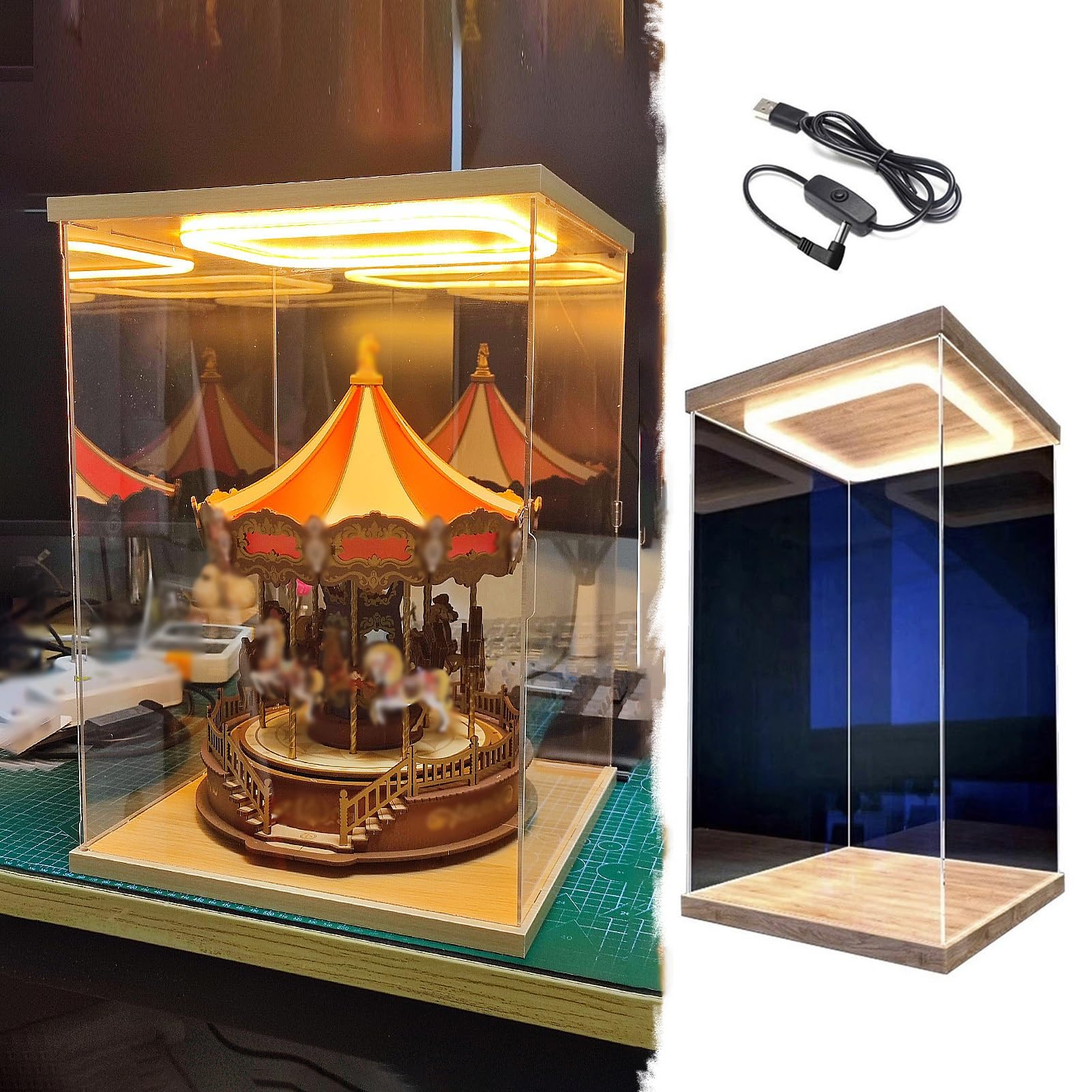 Light Up Tall Clear Acrylic Display Case, Rectangle Countertop Curio Collectibles PVC Display Box, Dustproof Showcase for Figurines Dolls Models(30x30x55cm/12x12x22in)