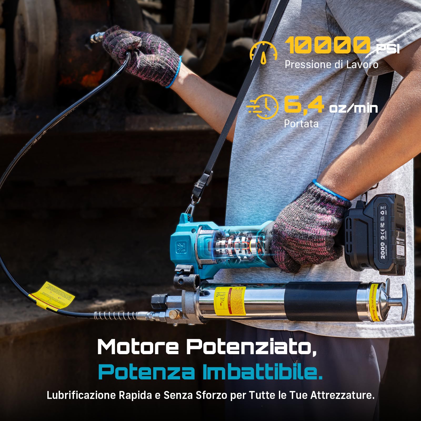 Seesii Ingrassatore a Batteria: 6,4 oz/min 10000 PSI Efficienza Pistola per Grasso Elettrica, 2* Batteries 2000 Ah e Caricabatterie, Tubo Flessibile da 39,4”,Progettata per Macchinari Pesanti