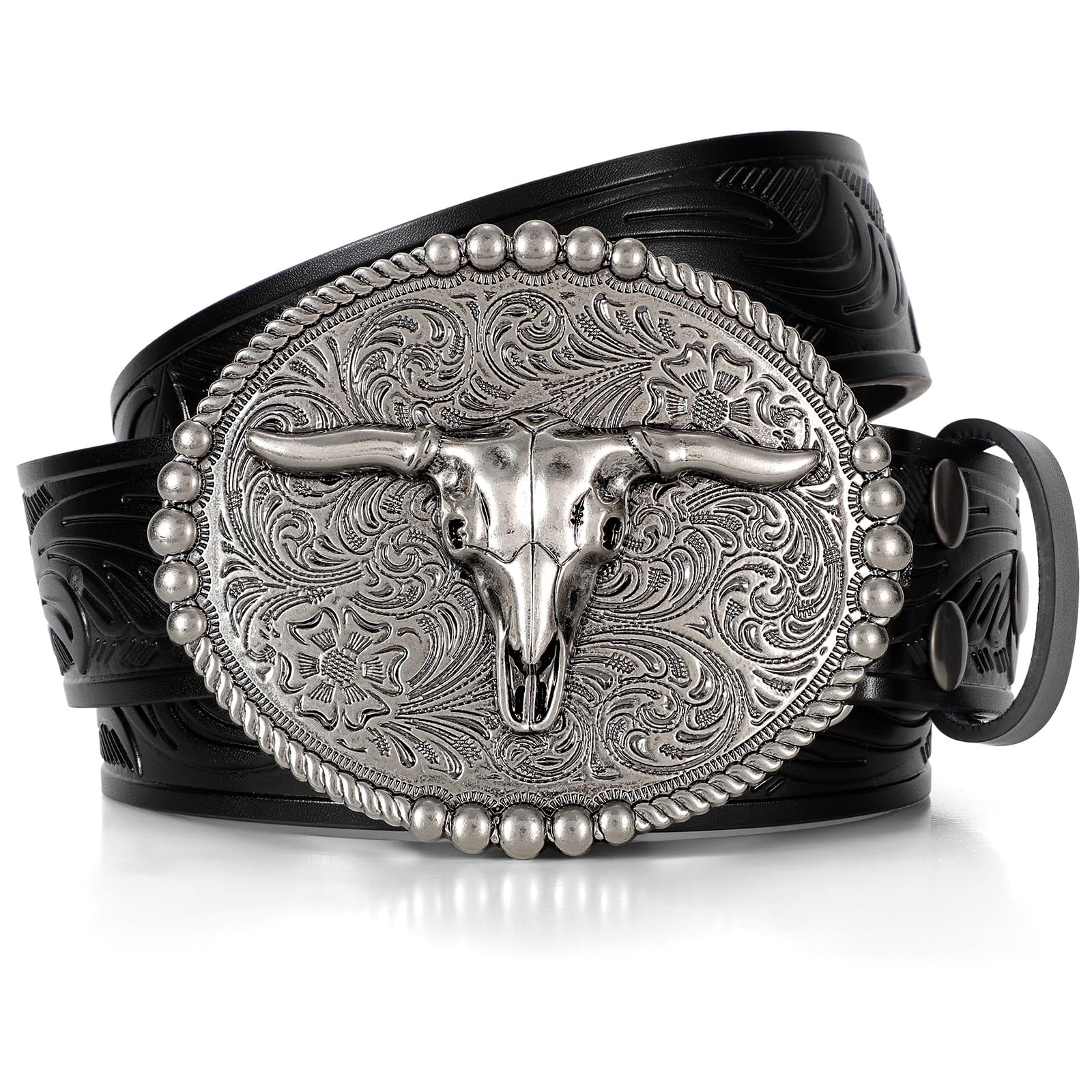 SANSTHS Cowboy Belts for Men Women, Western Leather Belt with Big Buckles Mexican Country Black Longhorn Bull Belt for Jeans