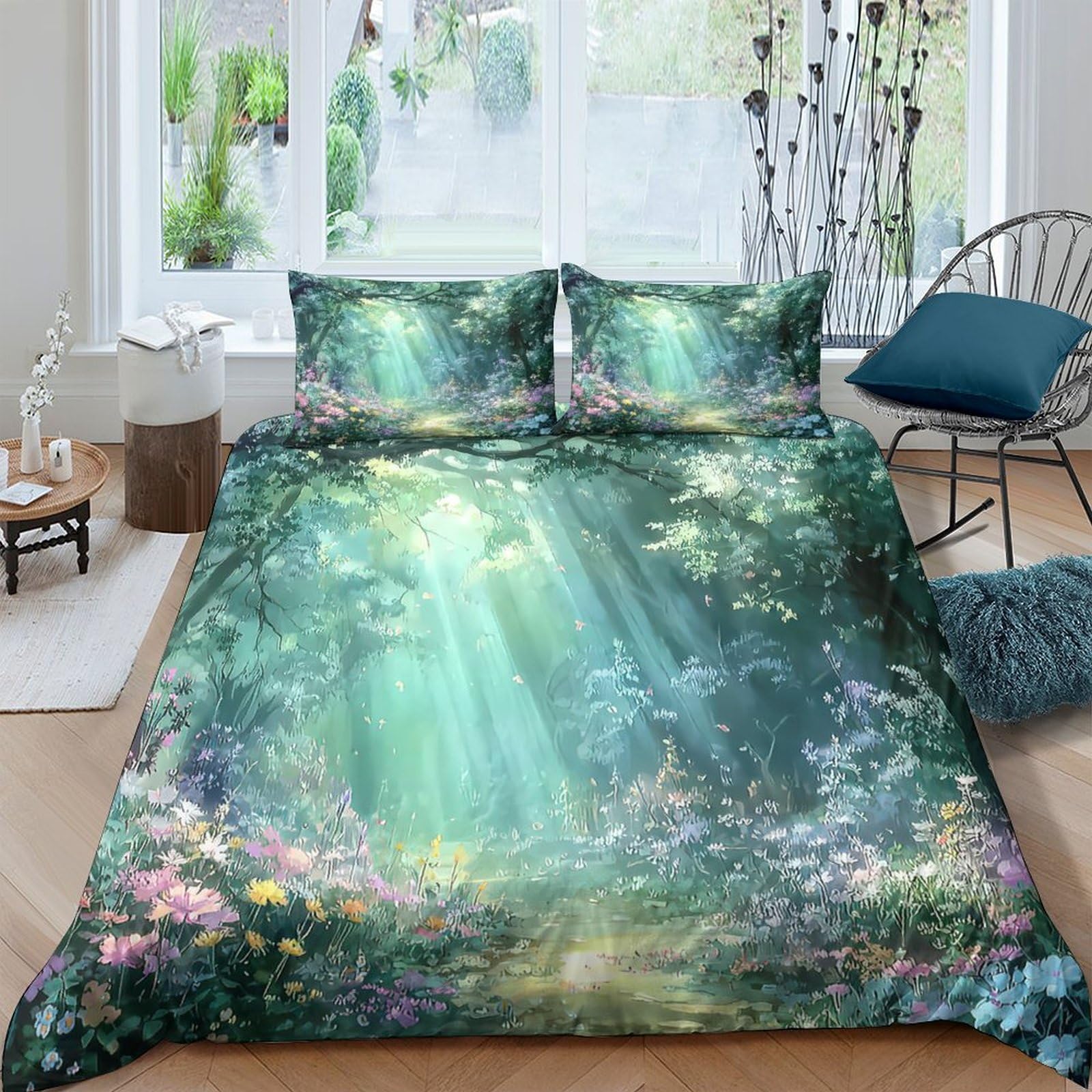 Ctjqhvkz Style-1 3D Printed Enchanted Forest Fitted Sheet Microfiber Soft Green Sunbeam Woodland Mattress Cover Bedroom Decor Single（135X200cm）