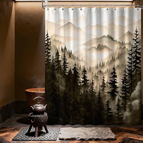 Miniatura 18 de Cortina de ducha azul marino de bosque Cortina de ducha azul oscuro de montaña y naturaleza para decoración de baño de hombres, tela impermeable con