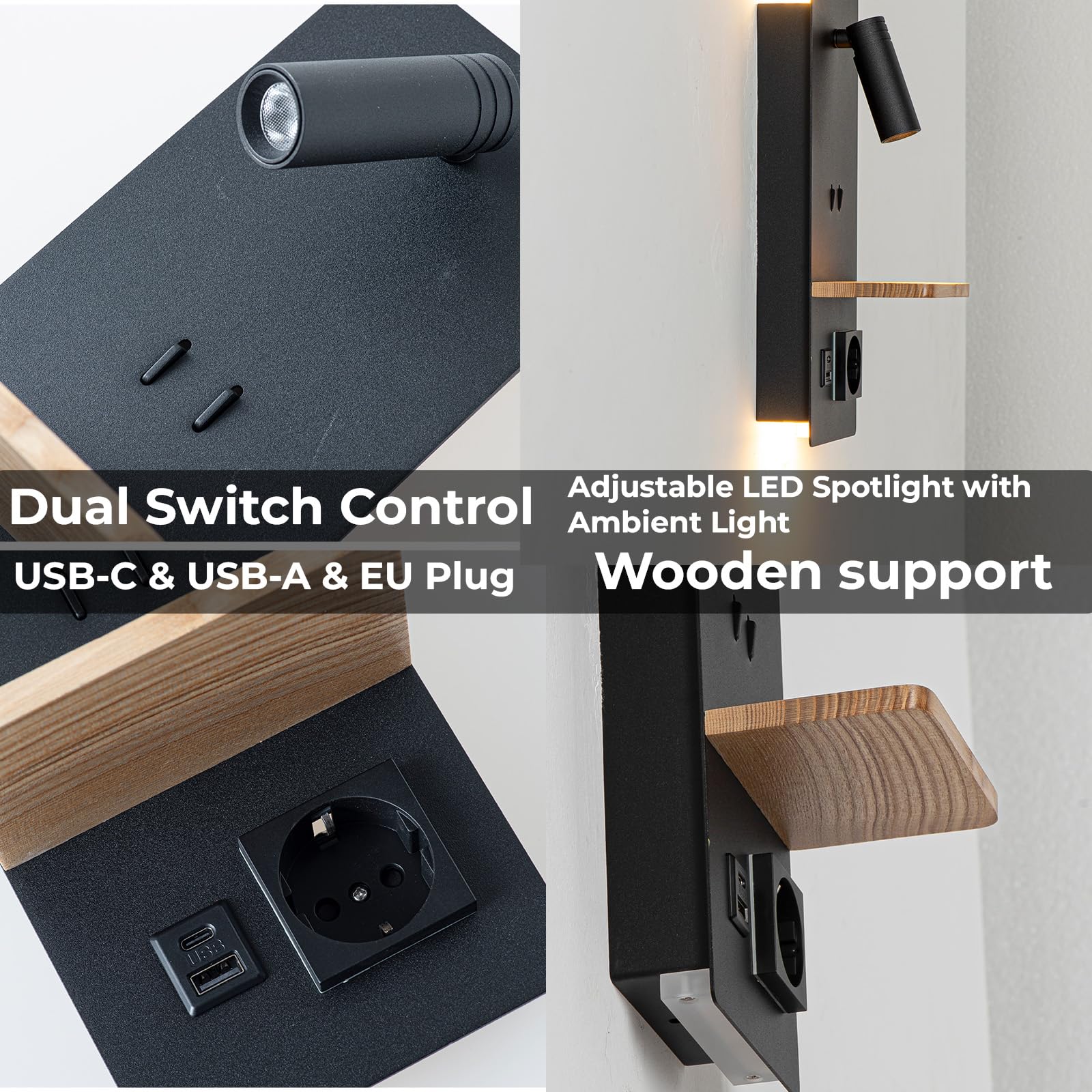 Alpinaluz Schwarze Wandleuchte mit schwenkbarem Leselicht, 3 W und Umgebungslicht, 6 W, 2800 K, USB-Ladeanschluss A+C, Schuko-Stecker und Holzregal für Schlafzimmer und Kopfteil